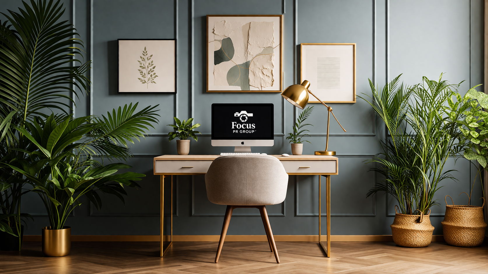 Modern office with green walls and framed European city photography, featuring a computer displaying Focus PR Group branding, representing marketing, public relations, and brand strategy services.