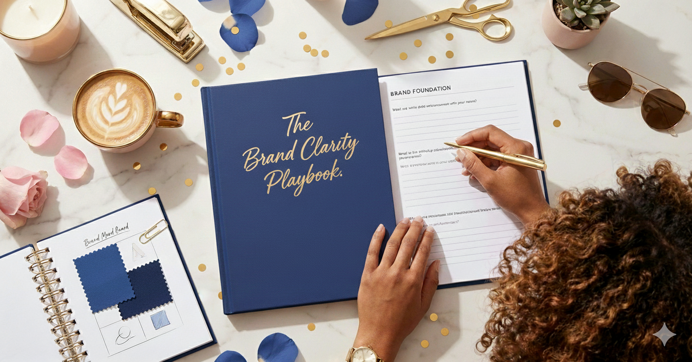 A person writing in a notebook titled 'The Brand Clarity Playbook', surrounded by pink roses, a latte, a pair of sunglasses, gold scissors, confetti, a small potted succulent, a highlighter, a stapler, and fabric swatches in various blue shades.