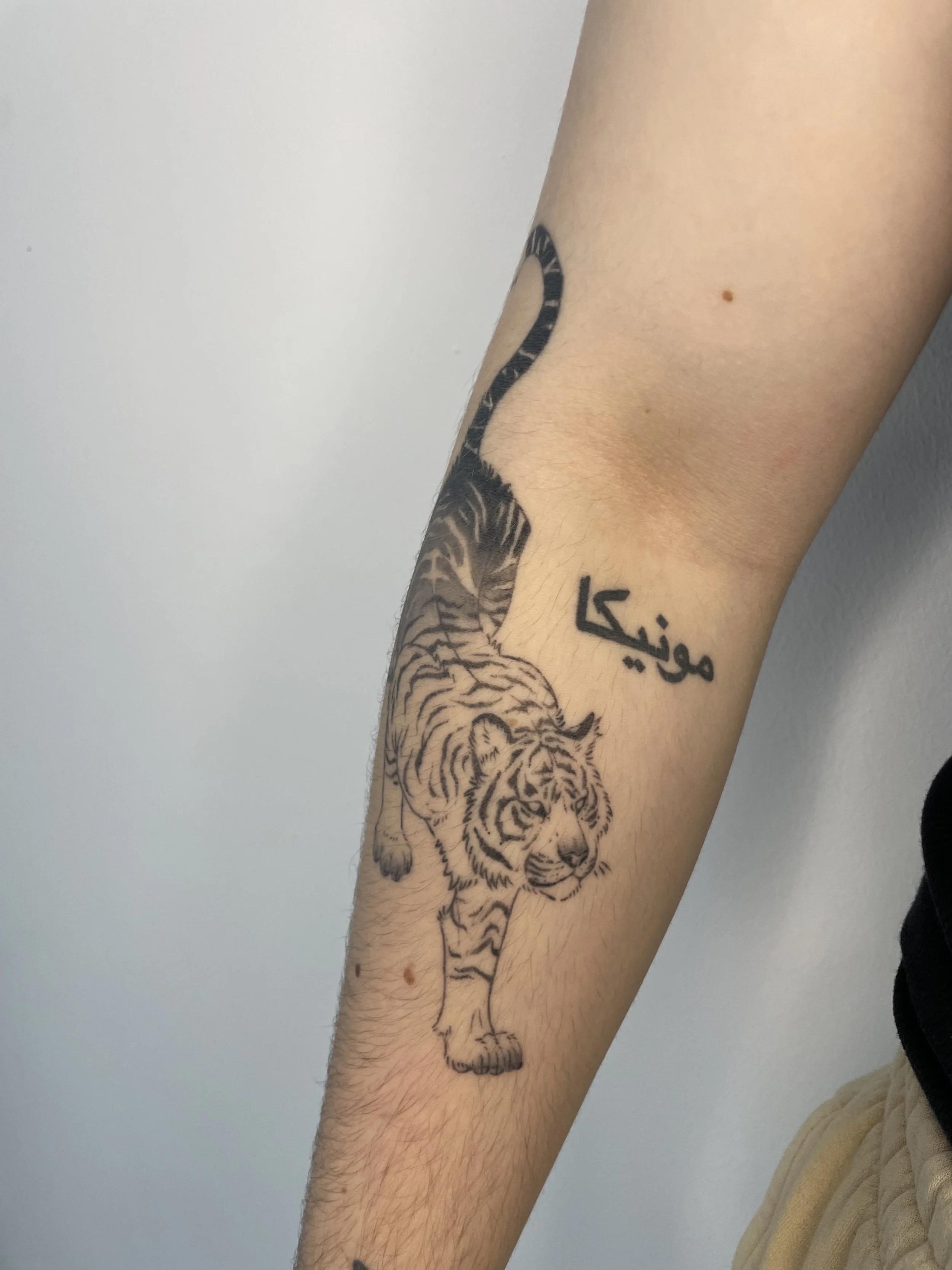 Tattoo eines Tigers und arabischer Schrift auf einem Unterarm.