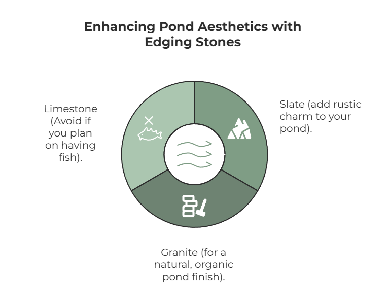 Infographic titled "Enhancing Pond Aesthetics with Edging Stones," featuring options: Limestone (avoid for fish), Slate (adds rustic charm), and Granite (for natural finish).