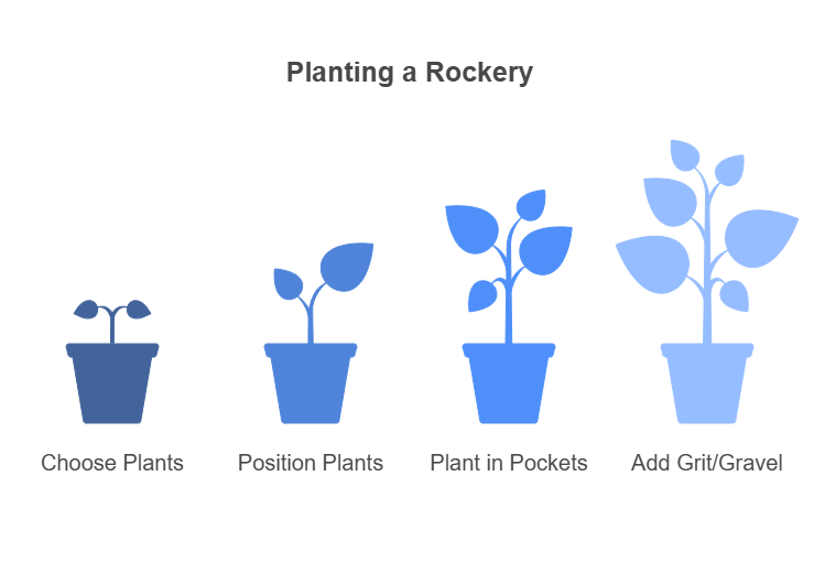 Alt text: Four blue icons showing steps to plant a rockery: choosing plants, positioning them, planting in pockets, and adding grit or gravel.