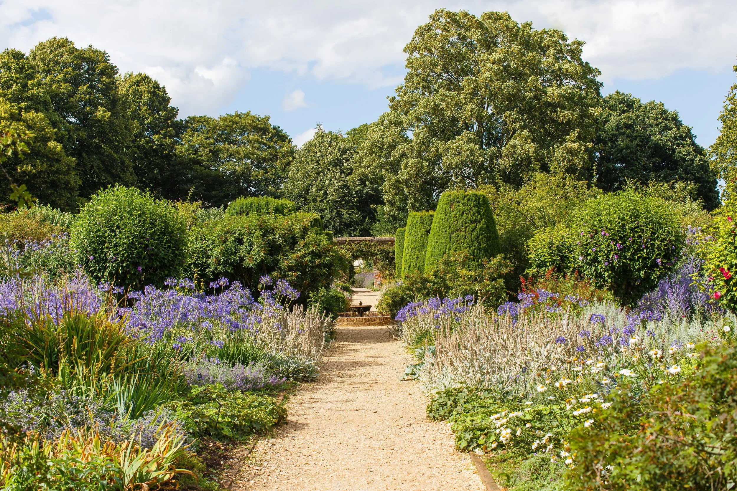 A scenic garden path lined with lush greenery and purple flowers, leading towards a backdrop of tall trees under a partly cloudy sky.