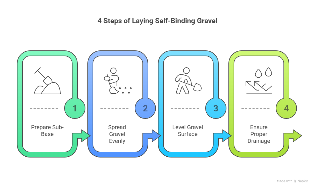 Infographic illustrating the 4 steps of laying self-binding gravel: 1) Prepare Sub-Base, 2) Spread Gravel Evenly, 3) Level Gravel Surface, 4) Ensure Proper Drainage.