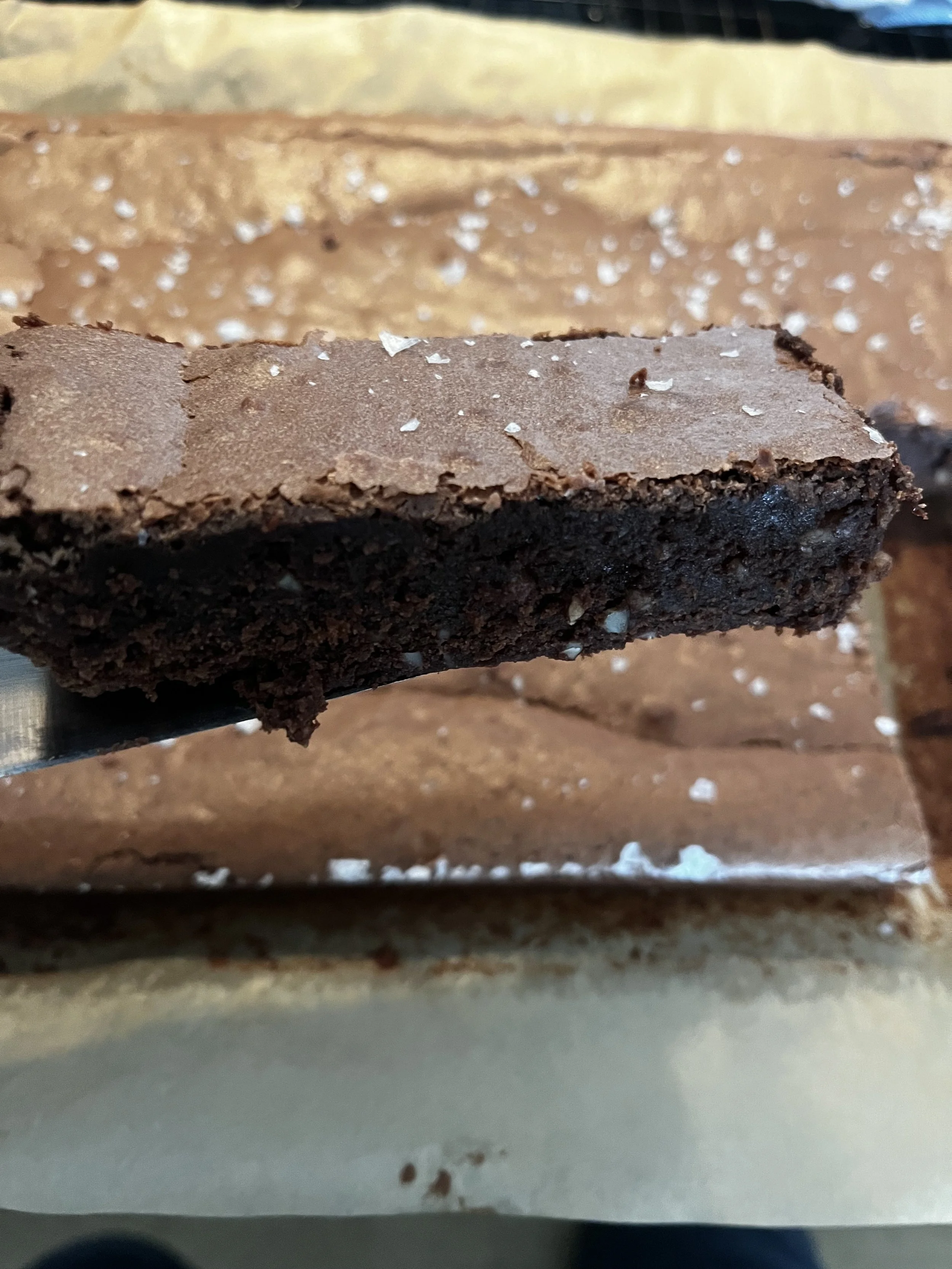 Close-up of two layered brownies with a chocolate crust, topped with a sprinkle of salt.