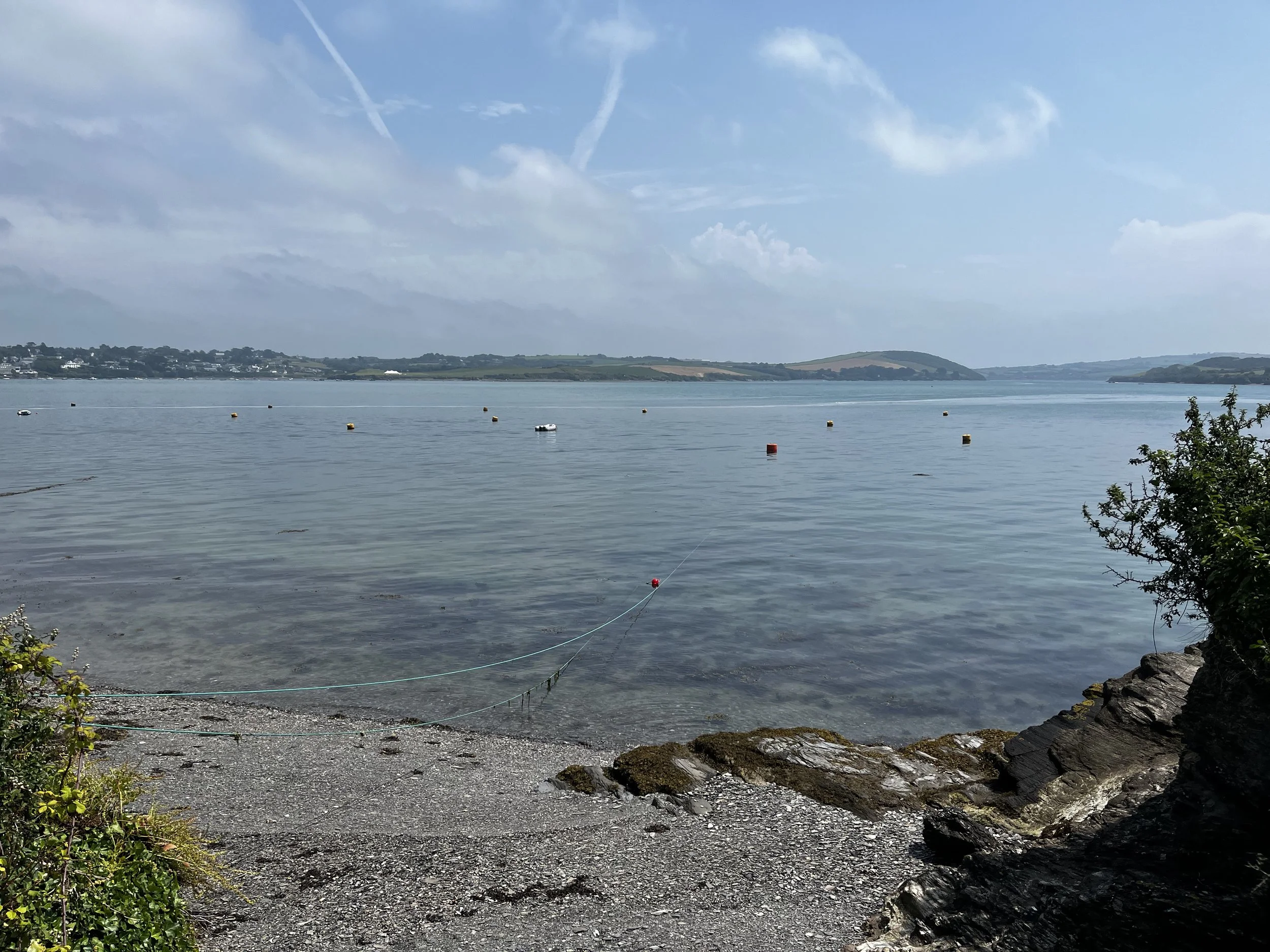 Calm body of water with small buoys floating, rocky shoreline with green bushes, distant hills under partly cloudy sky.