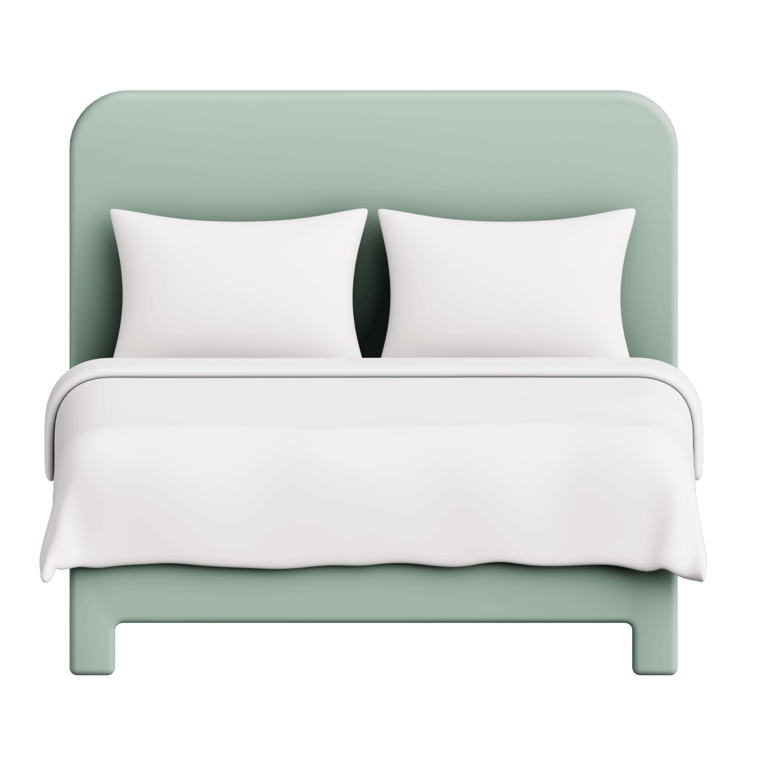 A bed with a sage green headboard, white pillows, and white bedding.