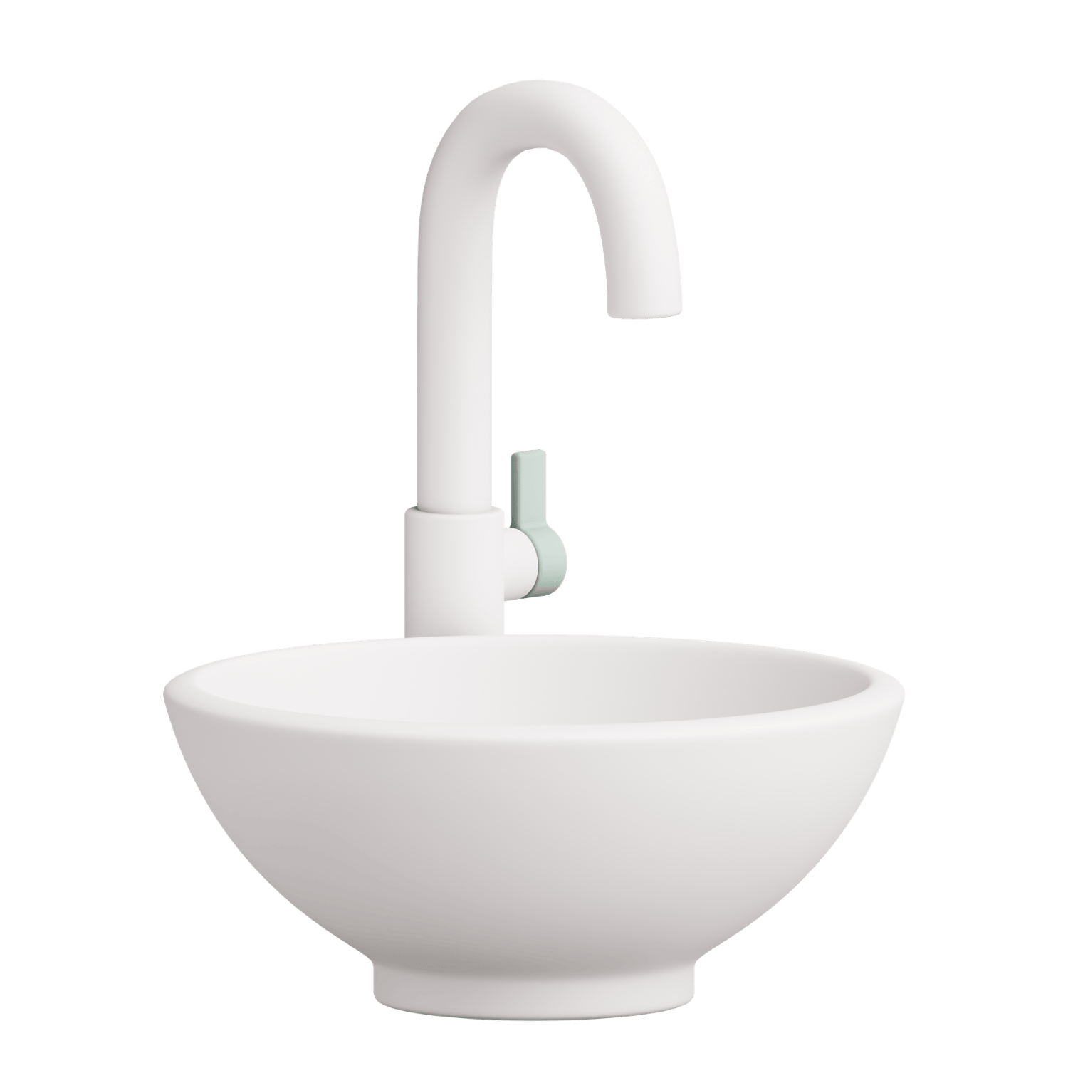 White kitchen sink with a tall curved faucet on a black background.