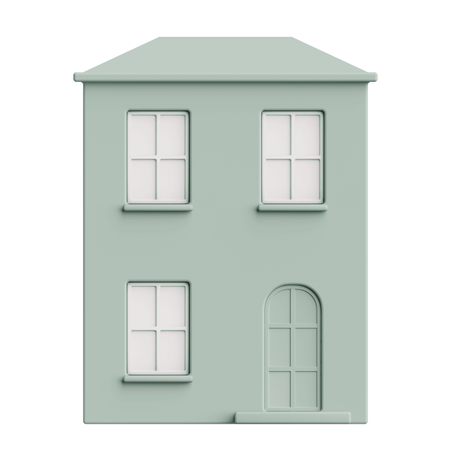 Light green toy house with four white-paneled windows and an arched door.