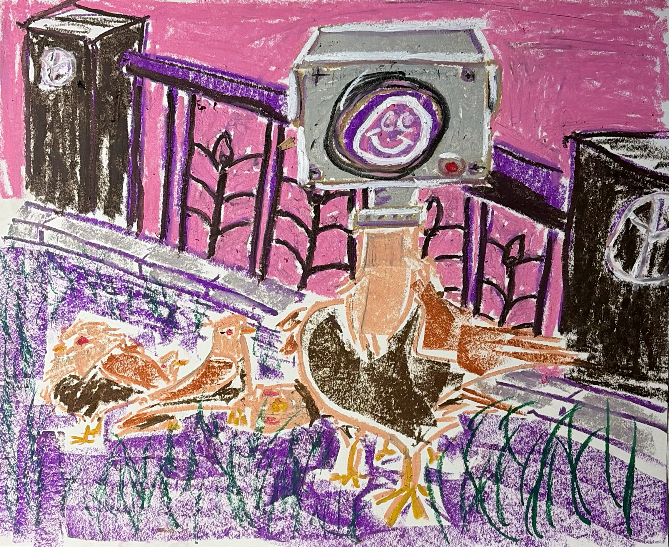 "Birds Are Not Real" (2026)
Oil Pastel on Paper, 17" x 14"
$50