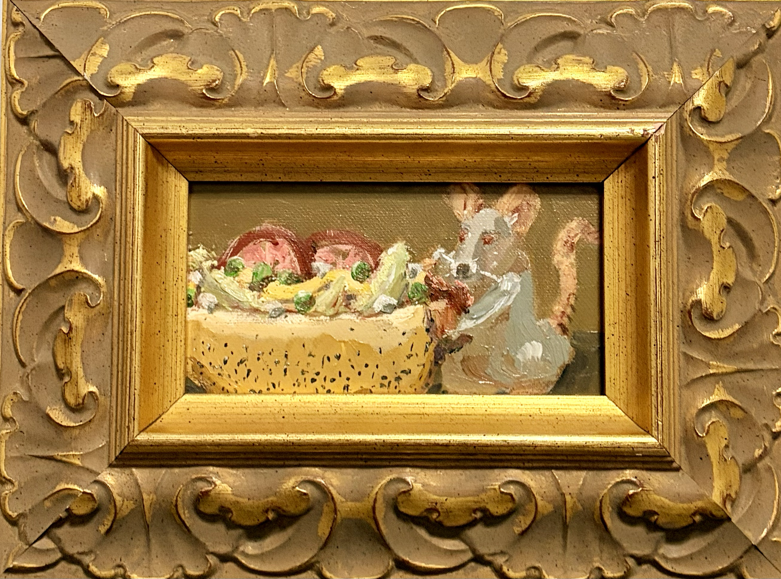 "Rat with Chicago Dog" (2026)
Oil on Board in Antique Frame