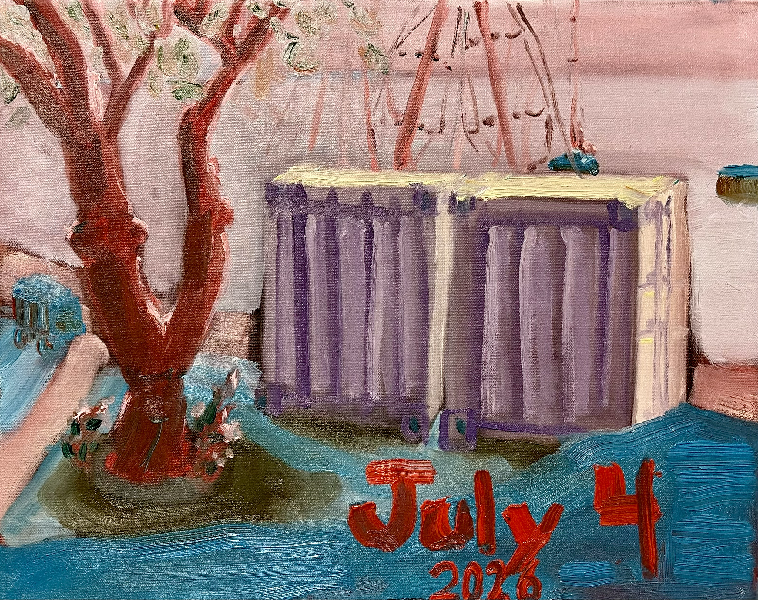 "July 4, 2026: Shipping Containers & Mast, Chicago Yacht Club" (2026)
Oil on Linen Canvas, 12" x 16"
$100