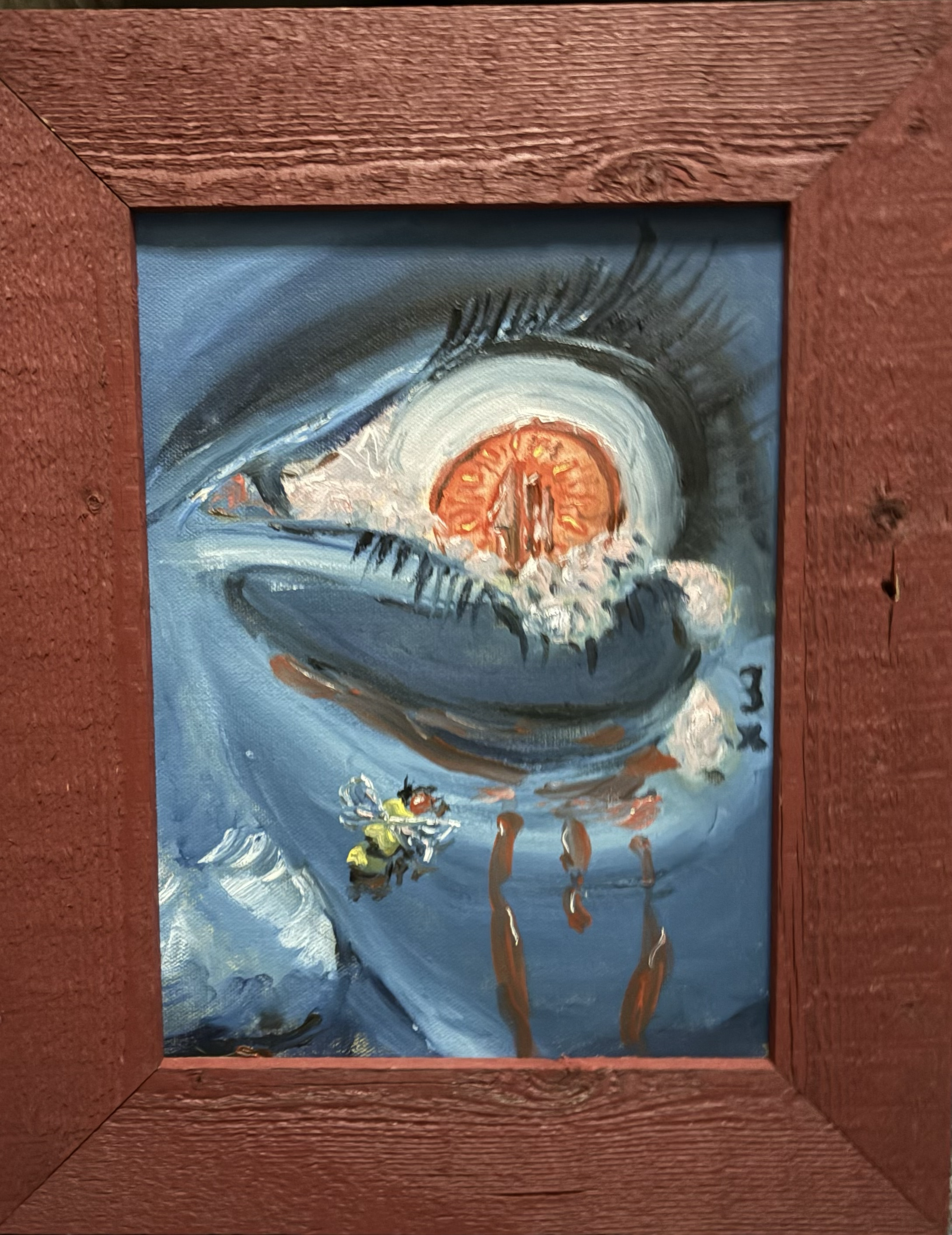 "I saw the first stab, then the second, then the third" (2026)
Oil on Canvas in Red Frame, 13.5" x 16.5"
$200