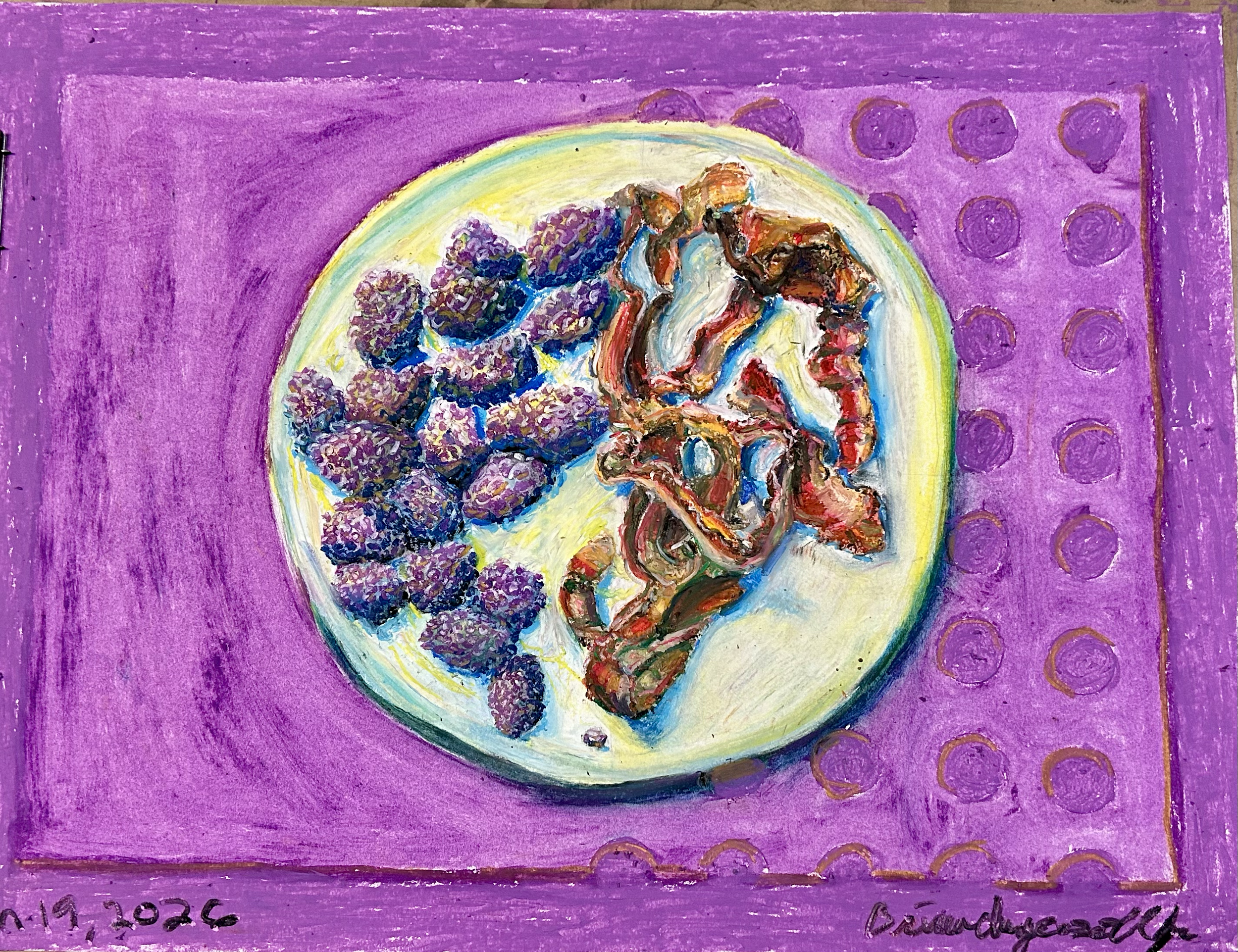 "Blackberries & Bacon" (2026)
Oil Pastels on Paper, 24" x 20"
$150