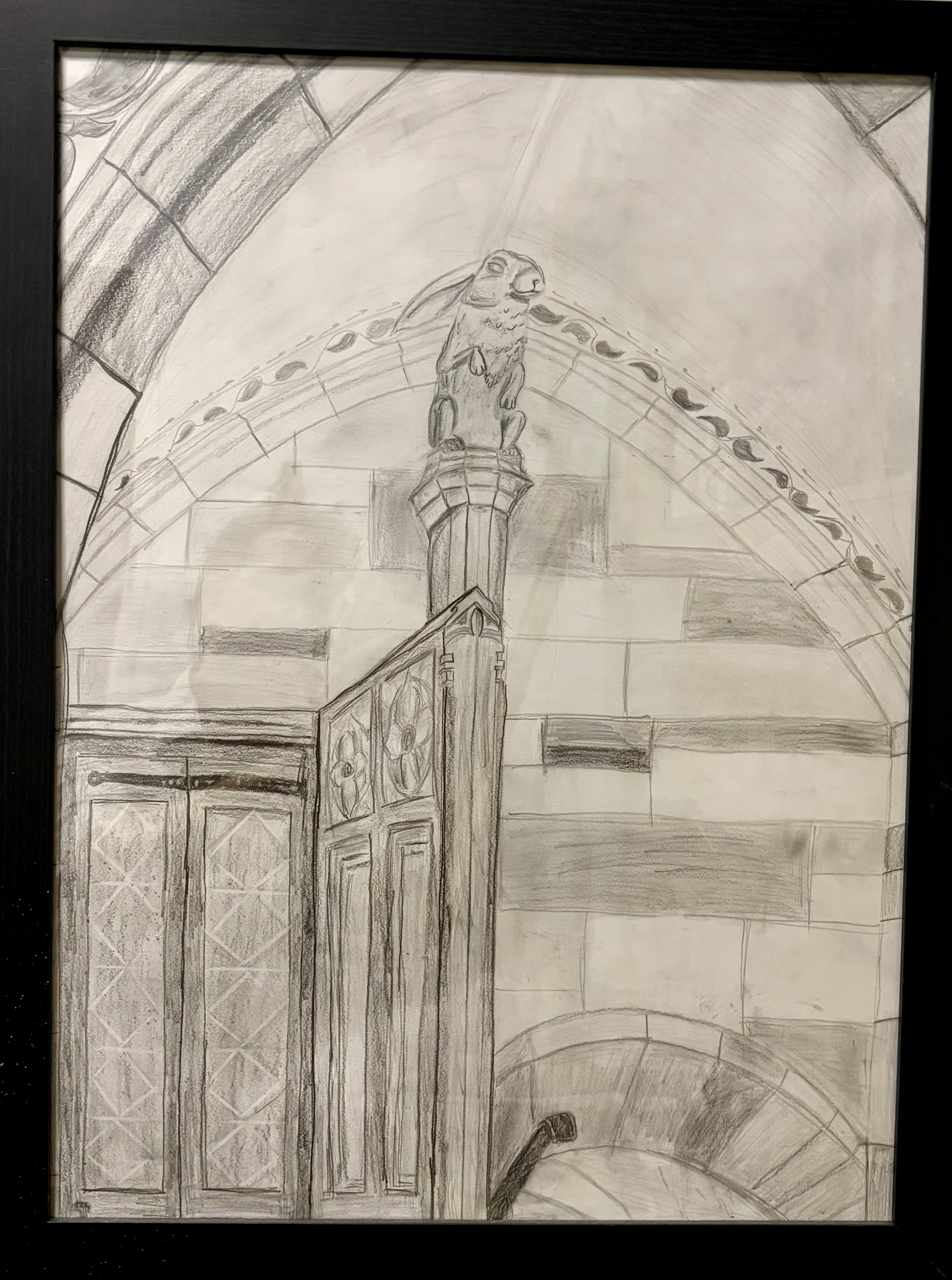 "Wood Carved Rabbit, Deering Library, Northwestern University" (2019)
Graphite on Paper in Frame, 18" x 24"
$150