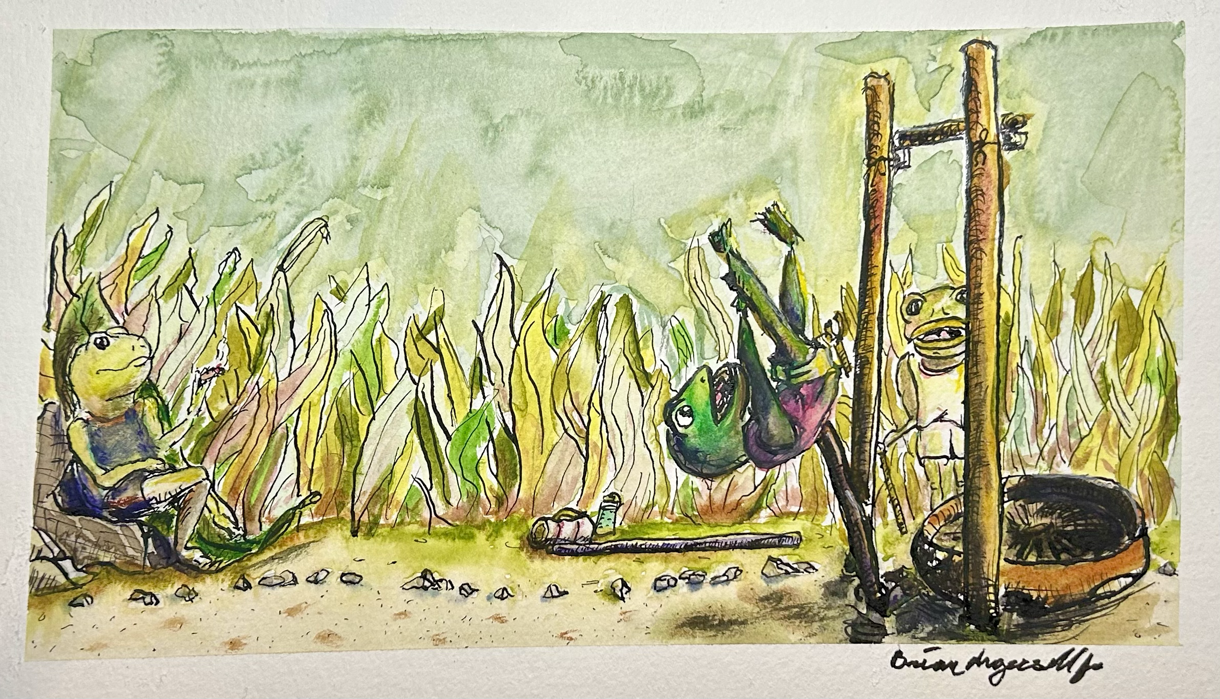 "Frogs Pole Vaulting" (2025)
Watercolor & Archival Ink on Paper