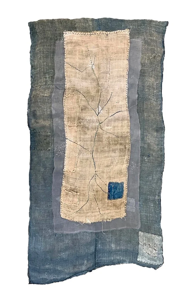 "Mississippi Flyways". Boro Cloth, Hand dyed Silk Organza, Sashiko Thread. 52 x 26"