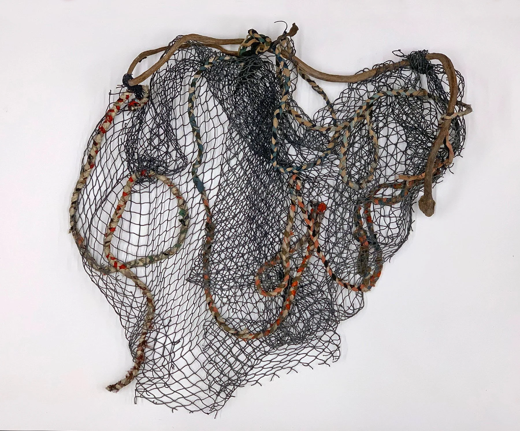 "Gone Fishing". Indigo Dyed Fishing Net, Boro Cloth Rope, Dried Kelp. 35 x 22 inches