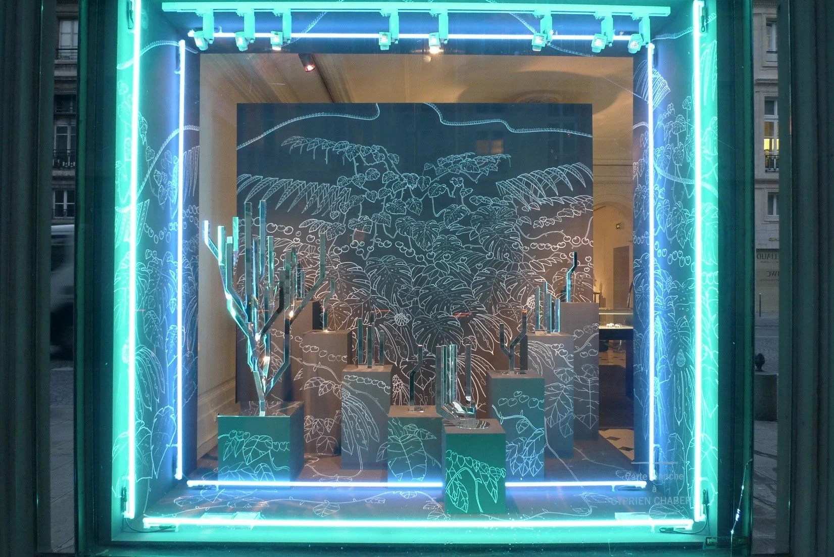 Fresque végétale, 2011 | Réalisé in situ à la craie blanche | Commande pour les vitrines de la boutique Christofle du Palais-Royal, Paris.