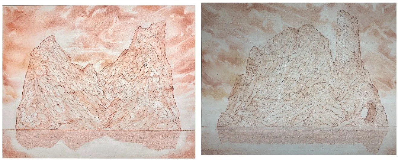 Série Les îles sanguines | Réalisé à la sanguine sur papier | Exposition 2023 | Utopia Now, See Galerie.