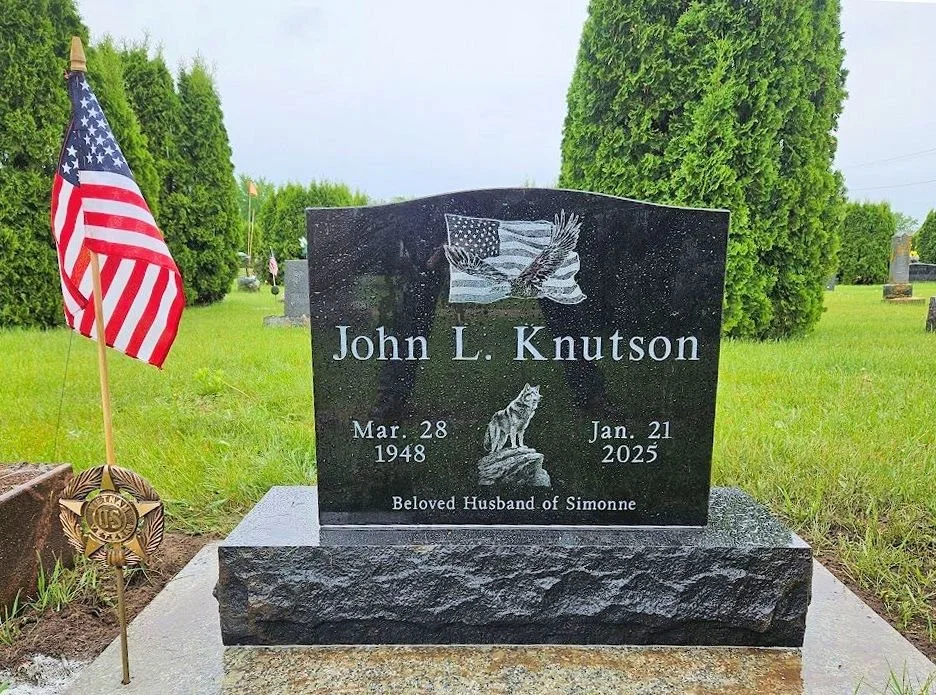 Jet Black Granite Headstone with Etched Designs