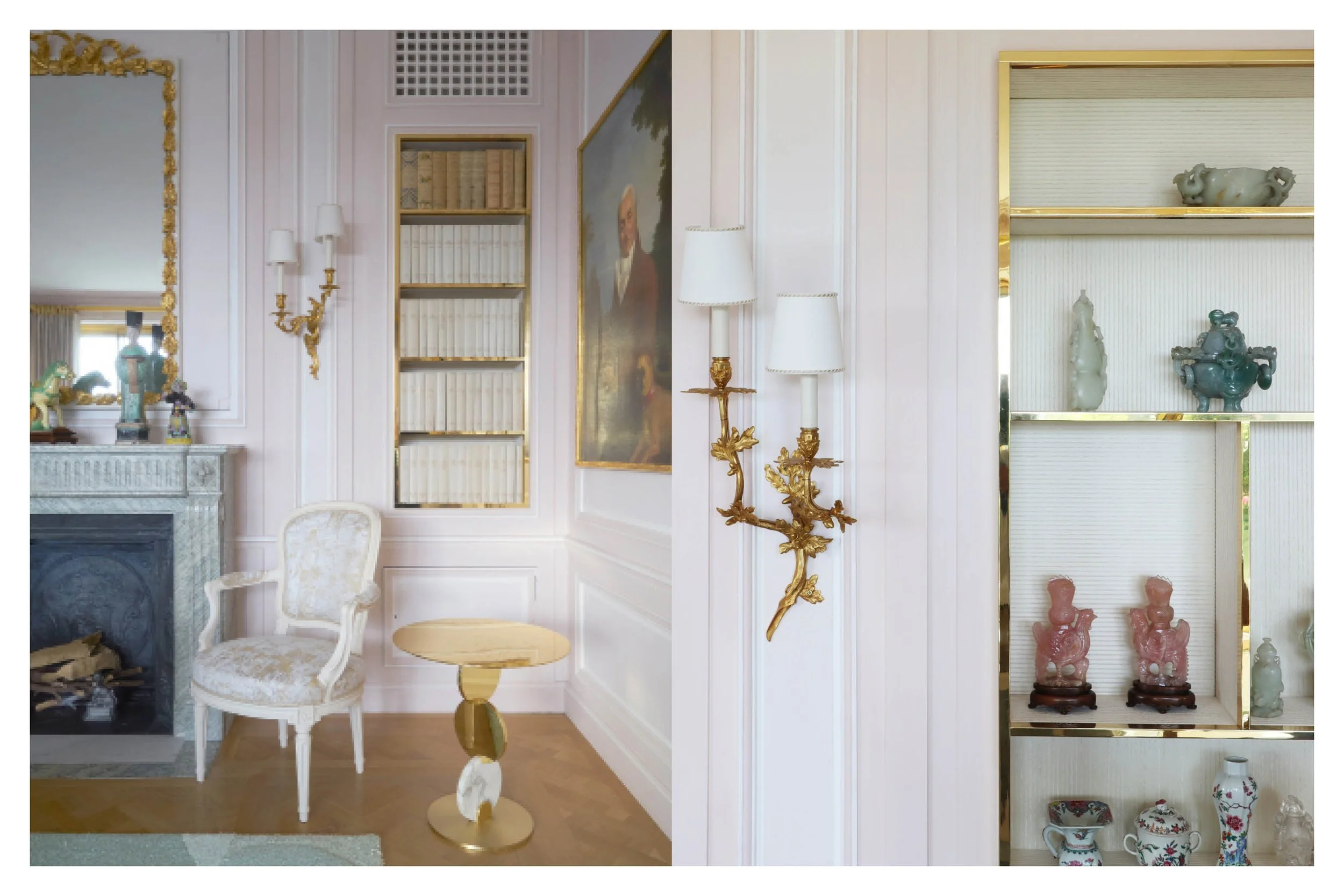 Une image divisée en deux parties : à gauche, deux tables basses en surface blanche avec une finition marbrée, placées sur un tapis multicolore; à droite, un salon élégamment décoré avec un fauteuil blanc, un canapé rose pâle, une lampe de table et une peinture représentant une scène de rue animée.