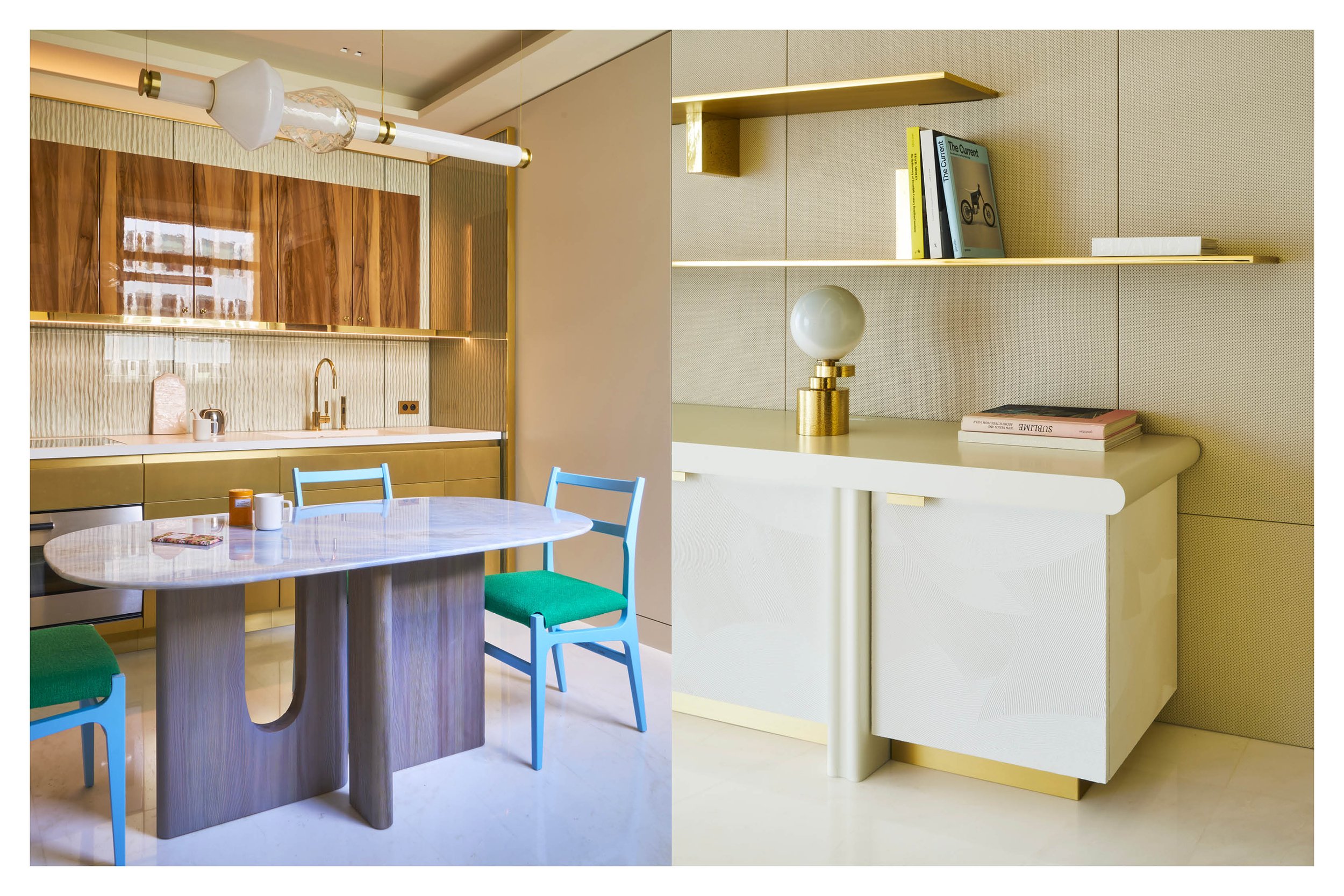 Image divisée en deux parties montrant des meubles modernes et minimalistes. À gauche, des étagères en bois clair fixées au mur en blocs de béton recouverts de peinture beige clair. À droite, un bureau blanc avec un lampadaire doré à globe blanc, et des étagères en bois doré avec des livres et des objets décoratifs.