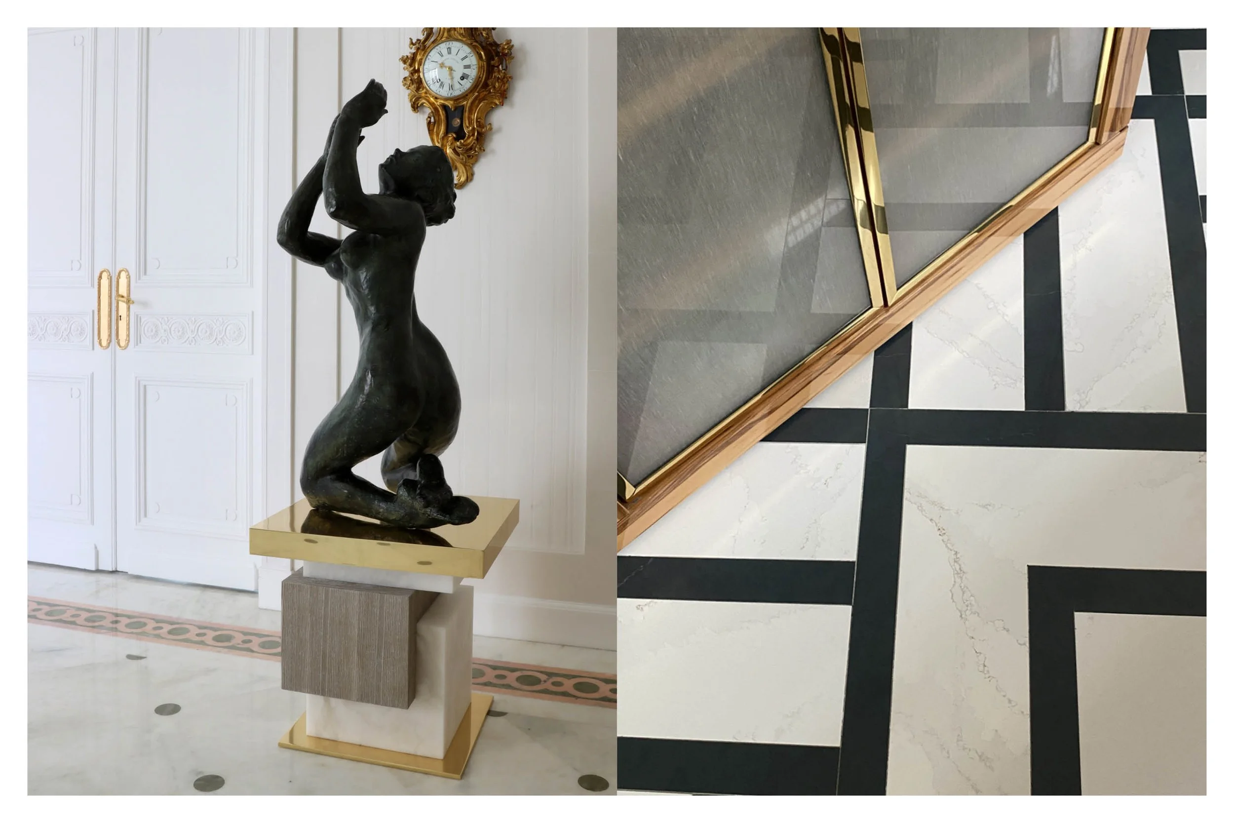 Salon élégant avec des meubles vintage, des rideaux en tissu clair, une vue sur un balcon, décorations classiques, et un tableau moderne sur le mur.