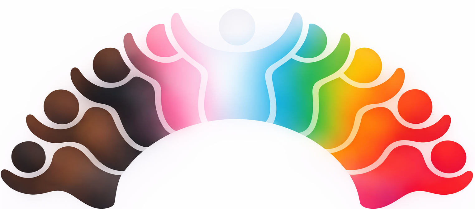 A colorful graphic of multiple abstract human figures arranged in a semi-circle, with a white space in the center.