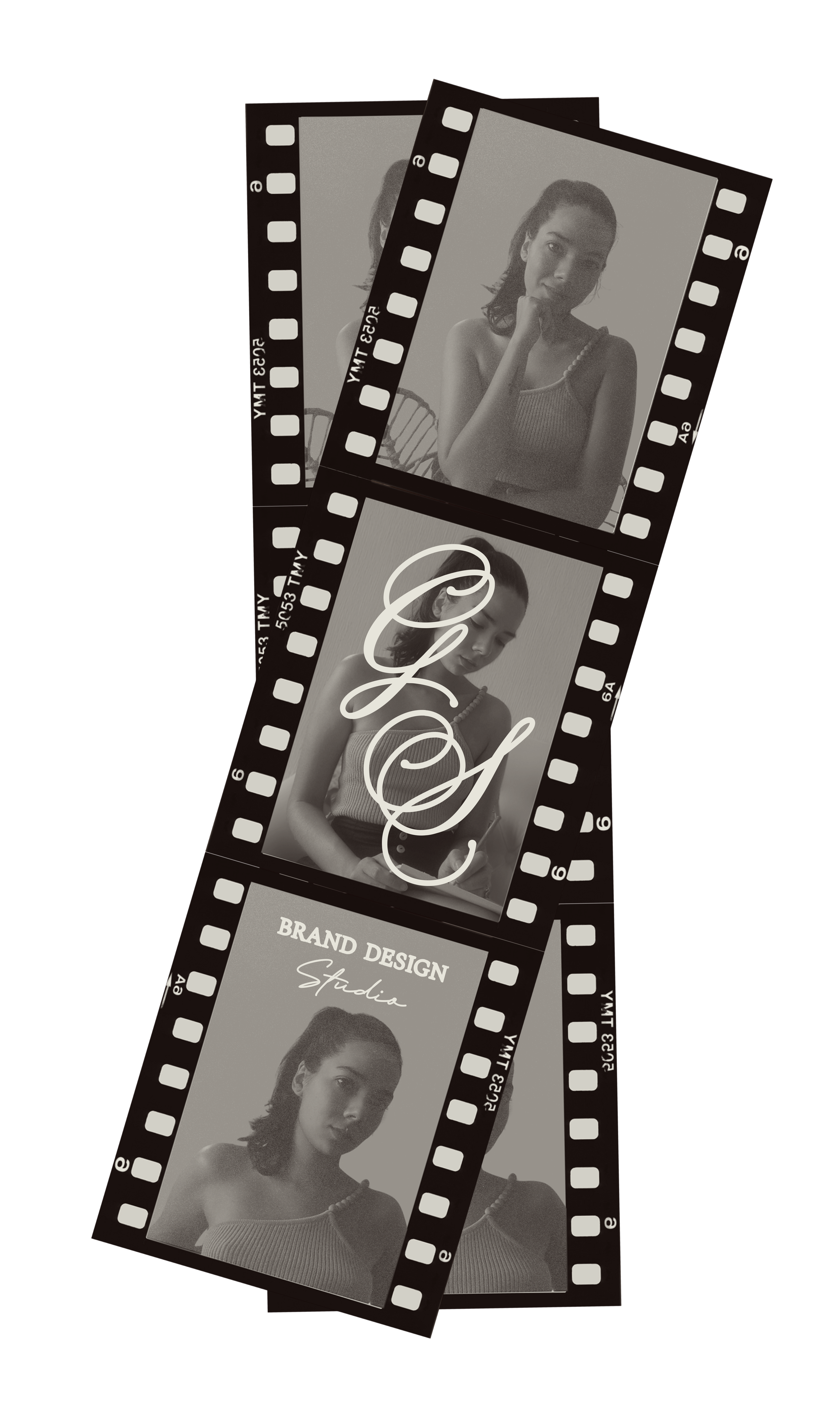 Three overlapping black and white film strip photos of the founder of the "Garce Studio - Brand Design Studio" below, on a black background.