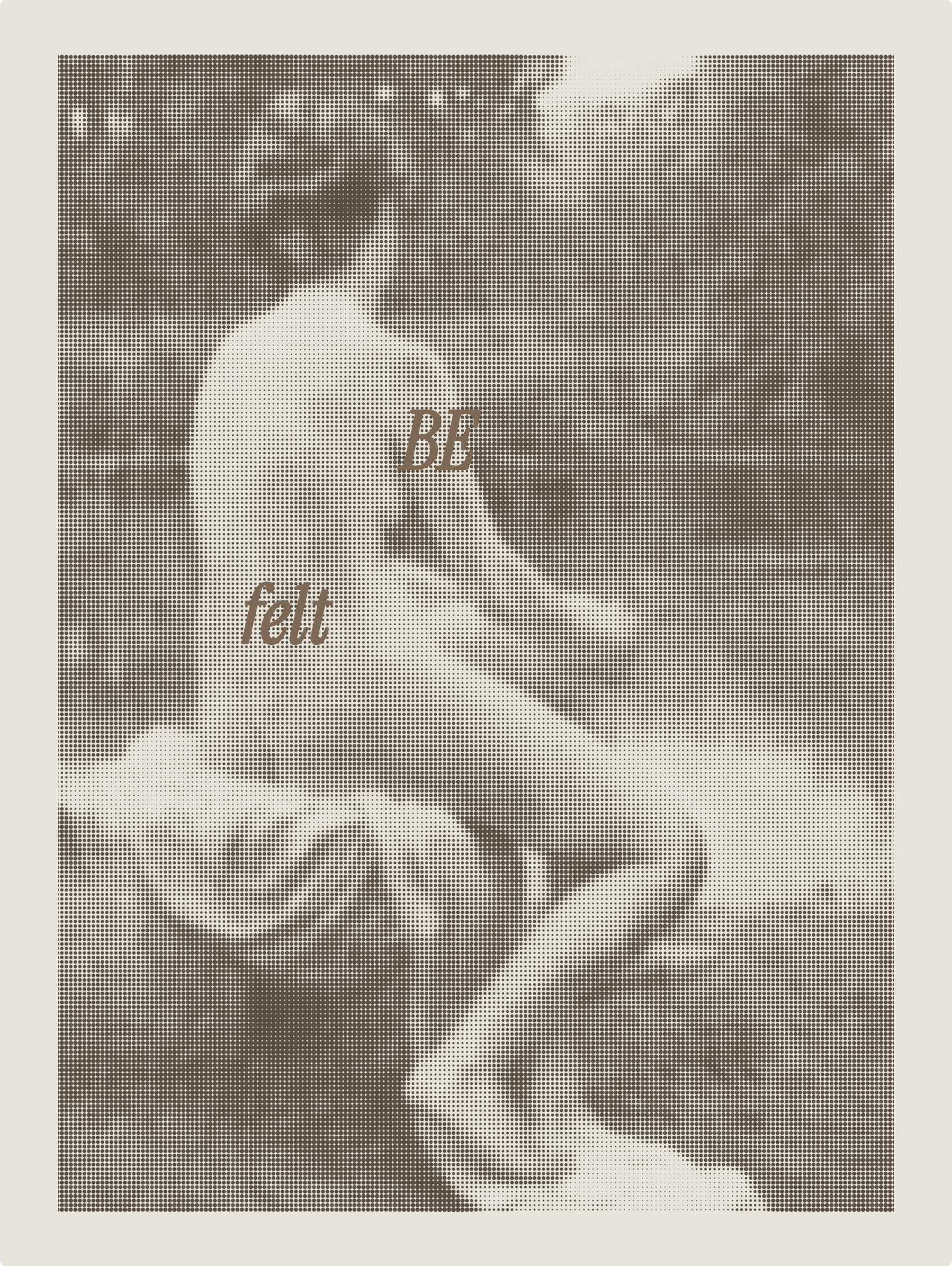 A classical painting of a person sitting by the water with the words 'BE felt' overlaid on the image.