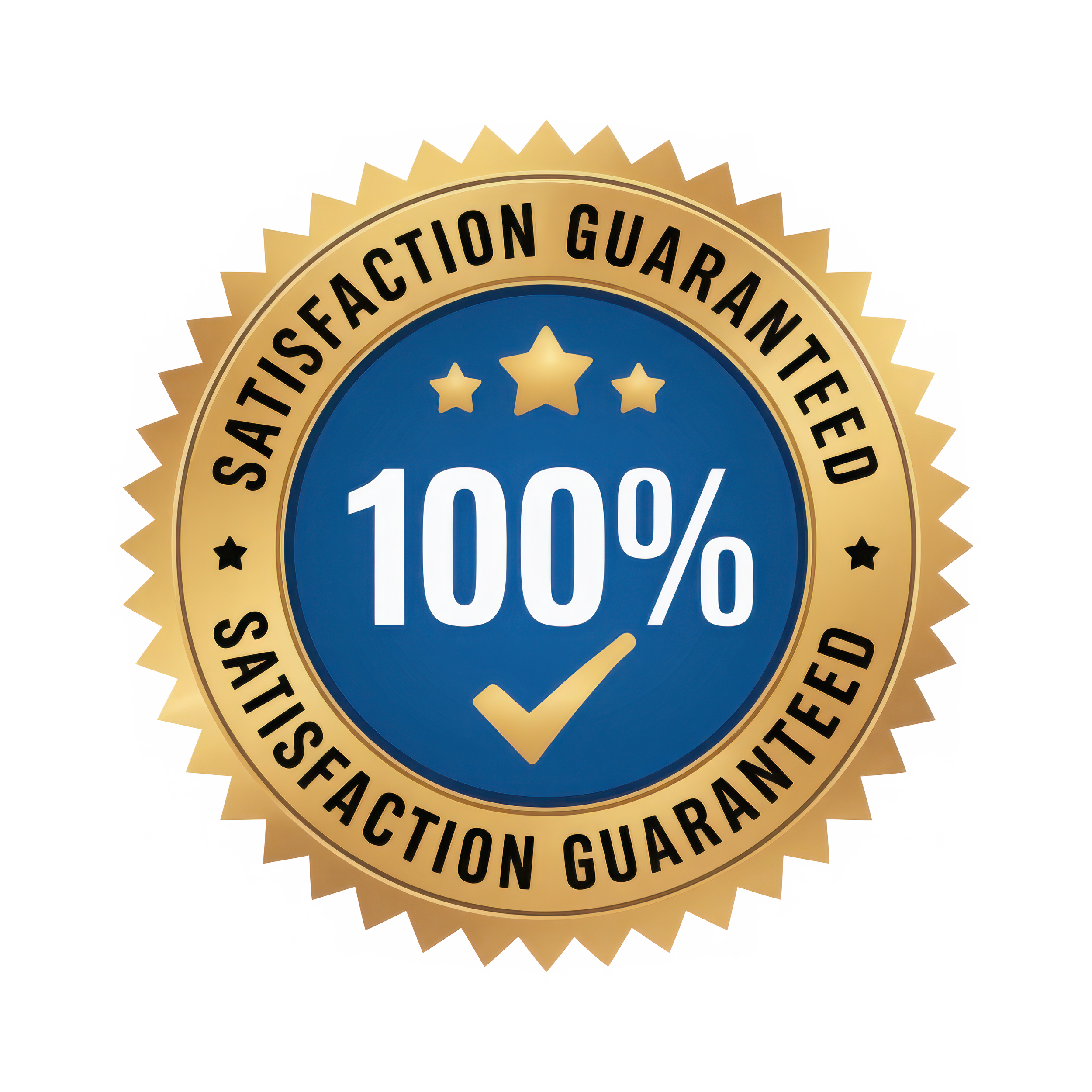 Seal-like badge with a gold outer ring and a blue inner circle. The outer ring reads 'Satisfaction Guaranteed' repeatedly, and the inner circle shows '100%' with a checkmark and stars.