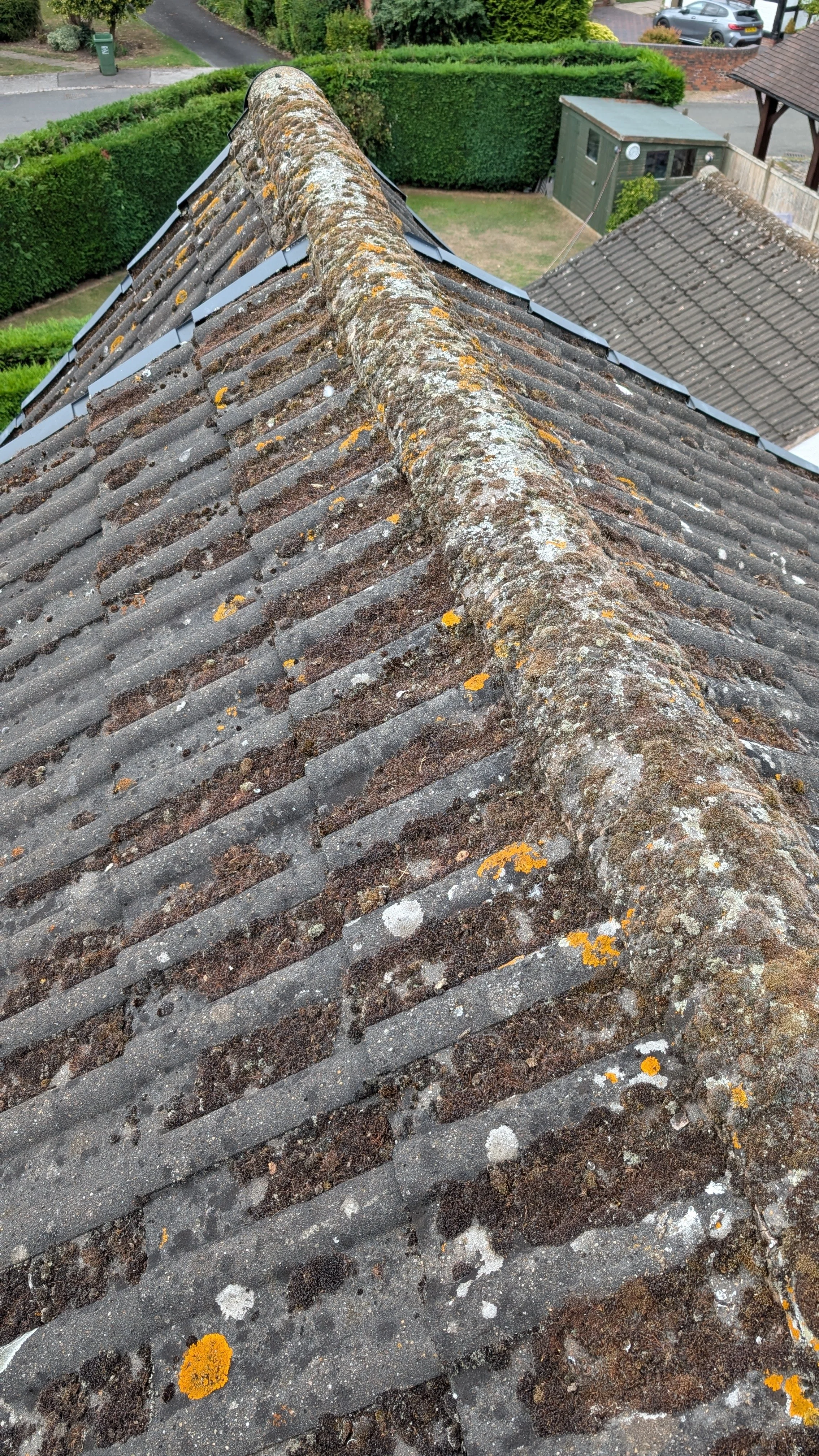 Upward view of a weathered, moss and lichen-covered tiled roof with dirt and debris in the gaps of the tiles.