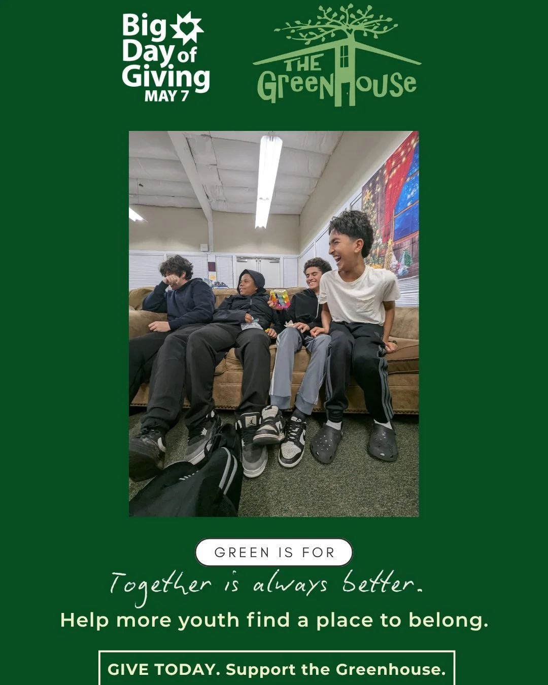 💚 We are always better together. 💚

At The Greenhouse, community is everything. Every friendship formed, every mentor who shows up, and every act of support helps create a place where youth feel safe, encouraged, and empowered to grow.

Today, thro