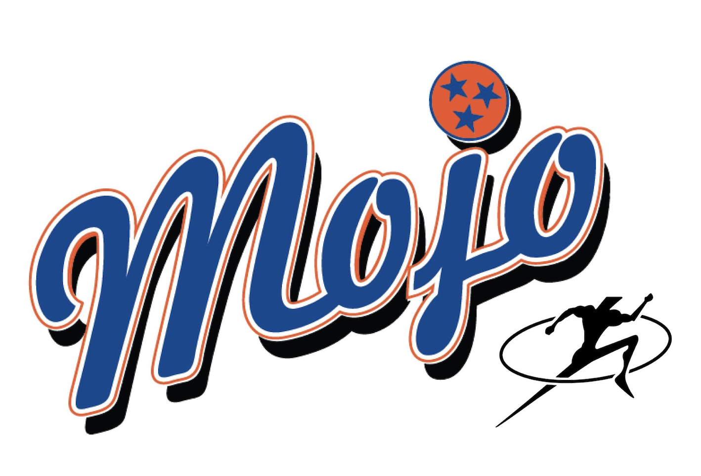 Mets logo with stylized blue lettering, orange outline, and a small circular emblem with stars, along with a figure figure in an athletic pose.