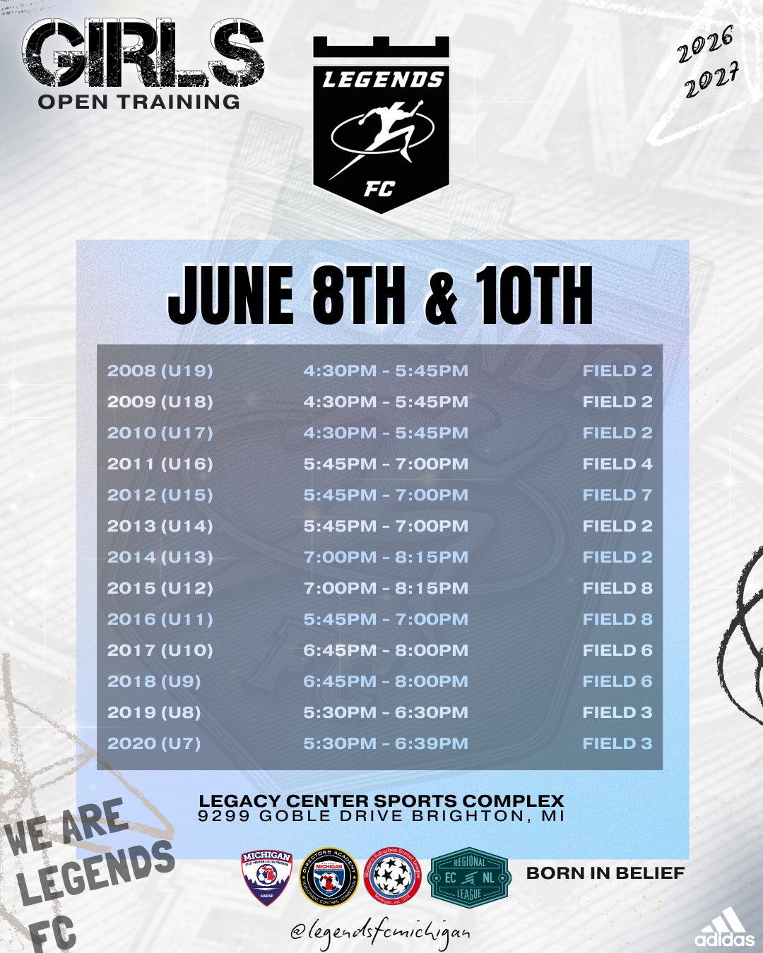 Schedule of girl soccer training sessions on June 8th and 10th at the Legacy Center Sports Complex in Brighton, Michigan, including age group times and field locations.