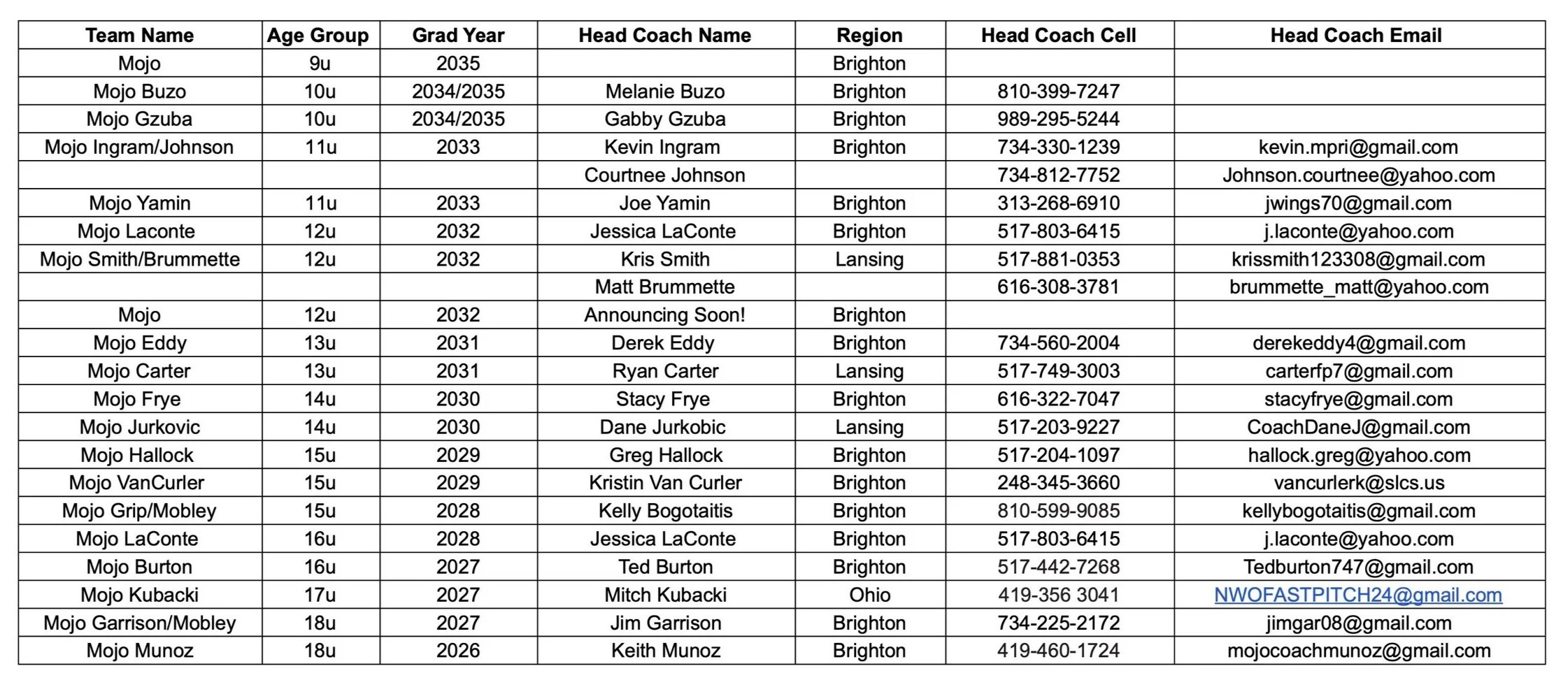 A detailed table listing team names, age groups, graduation years, head coach names, regions, head coach cell phone numbers, and emails, with team names including Mojo, Mojo Buzo, Mojo Gzuba, Mojo Ingram/Johnson, Mojo Yamin, Mojo Laconte, Mojo Smith/Brummette, Mojo Eddy, Mojo Carter, Mojo Frye, Mojo Jurkovic, Mojo Hallock, Mojo VanCurler, Mojo Grip/Mobley, Mojo LaConte, Mojo Burton, Mojo Kubacki, Mojo Garrison/Mobley, and Mojo Munoz.