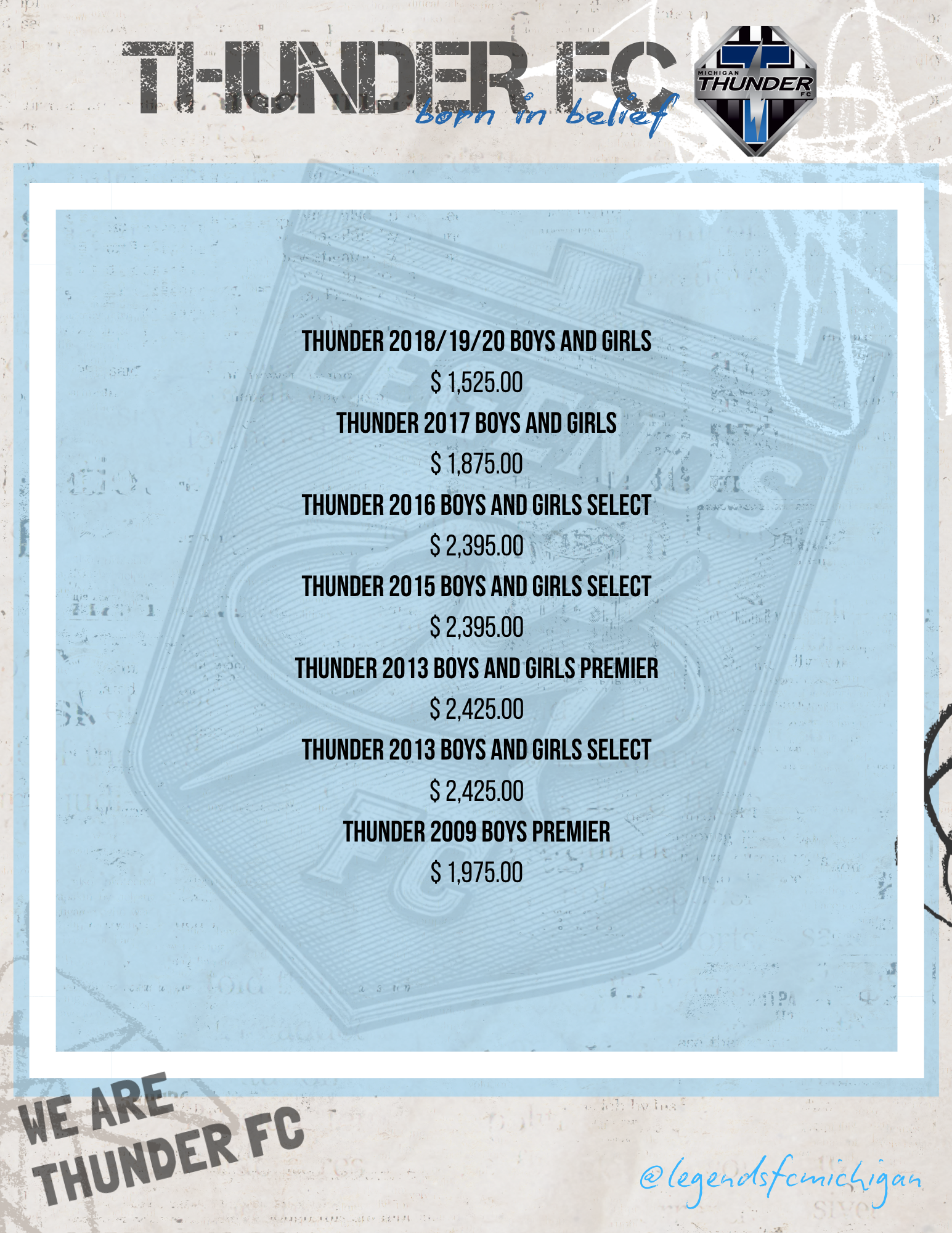 A flyer showing ticket prices for Michigan Thunder soccer team for various years and age groups, with a background featuring a faded Thunder logo and the team logo in the top right corner.