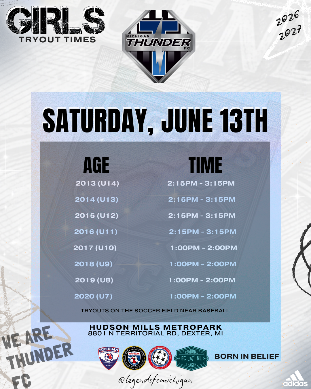 Girls soccer tryout schedule for Michigan Thunder FC on Saturday, June 13th, with age groups from 2013 to 2020 and tryout times from 1:00 PM to 3:15 PM at Hudson Mills Metropark in Dexter, Michigan.