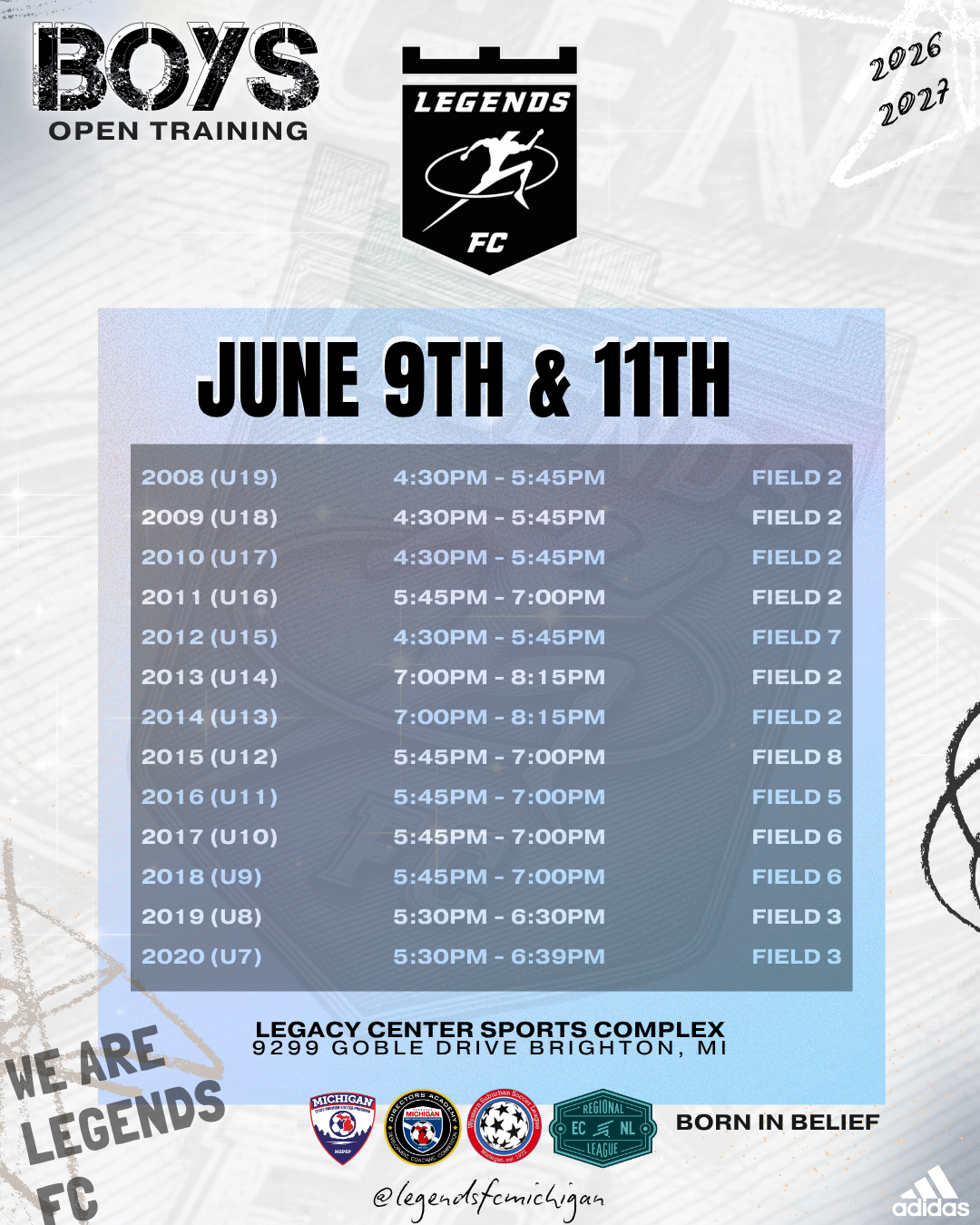 Schedule for Boys Open Training on June 9th and 11th at Legacy Center Sports Complex, featuring age groups from U9 to U19, with various field assignments and times listed.
