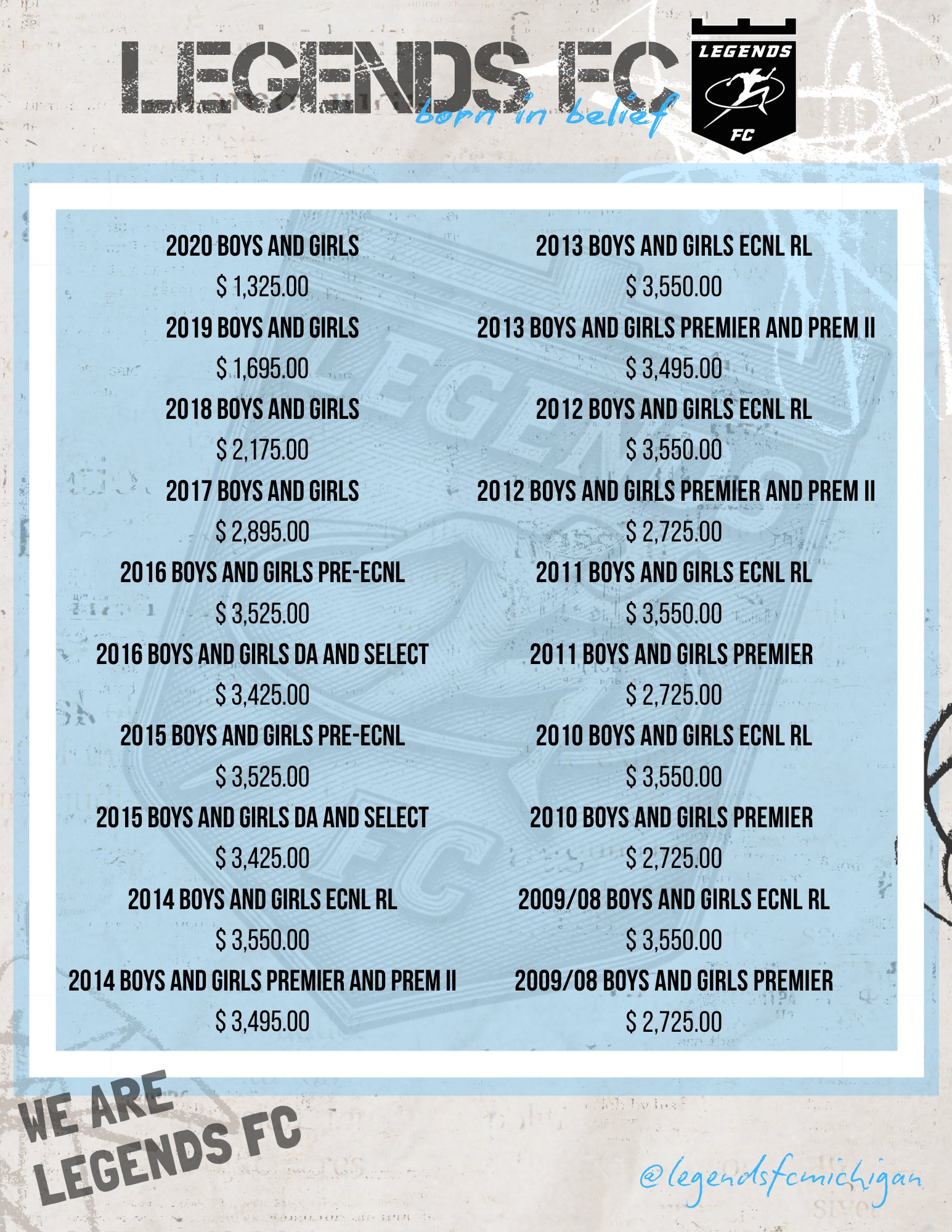 A price list for Legendary FC soccer club for boys and girls teams from 2009 to 2020, with multiple age groups and different league levels, along with their corresponding prices in USD.