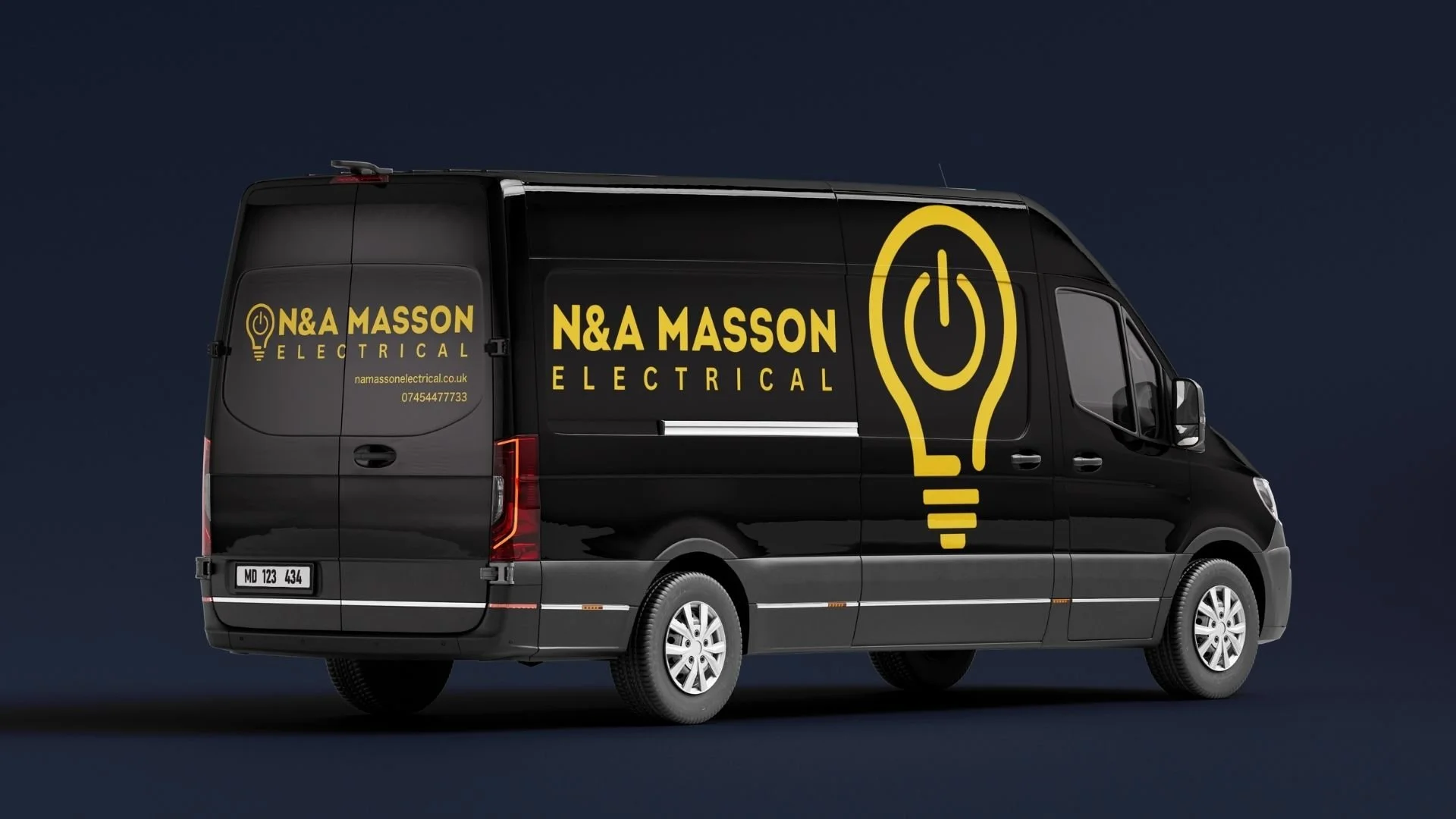 A black delivery van with yellow branding for N&A Masson Electrical, featuring a large yellow light bulb logo and contact information, parked against a dark background.