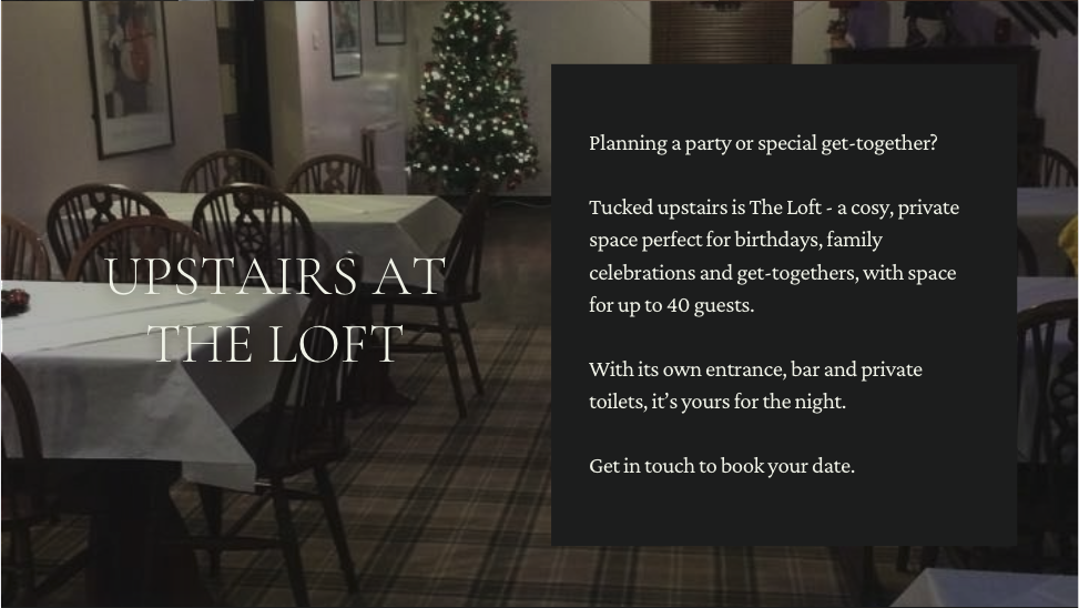 Inside an event space with white-clothed tables and wooden chairs, decorated for Christmas with a Christmas tree in the background. Overlaid text advertising the Loft upstairs for private parties, with details about capacity, amenities, and contact i