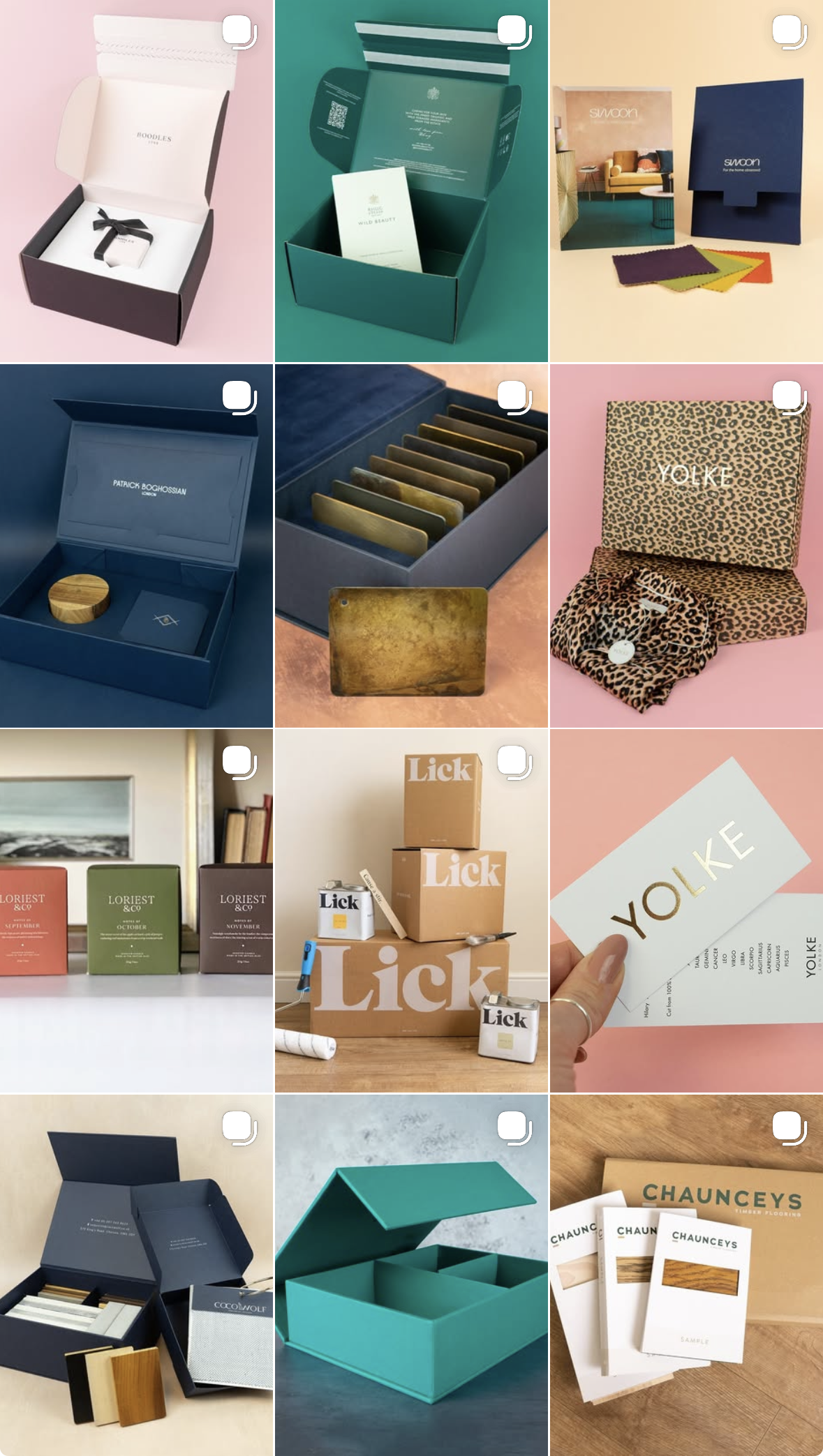 Collage of various packaging boxes and products, including a black box with a white card, a teal box with a sleeve, colorful fabric samples with a booklet, a dark blue box with gold cards, a box with gold cards, a leopard-print box with accessories, boxes of soap, a cardboard box with the word Lick, a white business card with YOLIKE, a black box with a removable tray, a teal box, and a sample box with wood flooring samples.