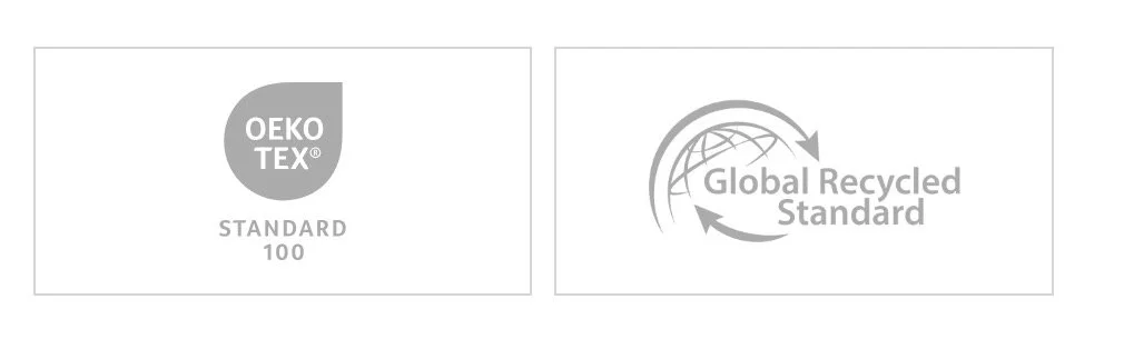 Two logos: one for OEKO-TEX Standard 100, and another for Global Recycled Standard.