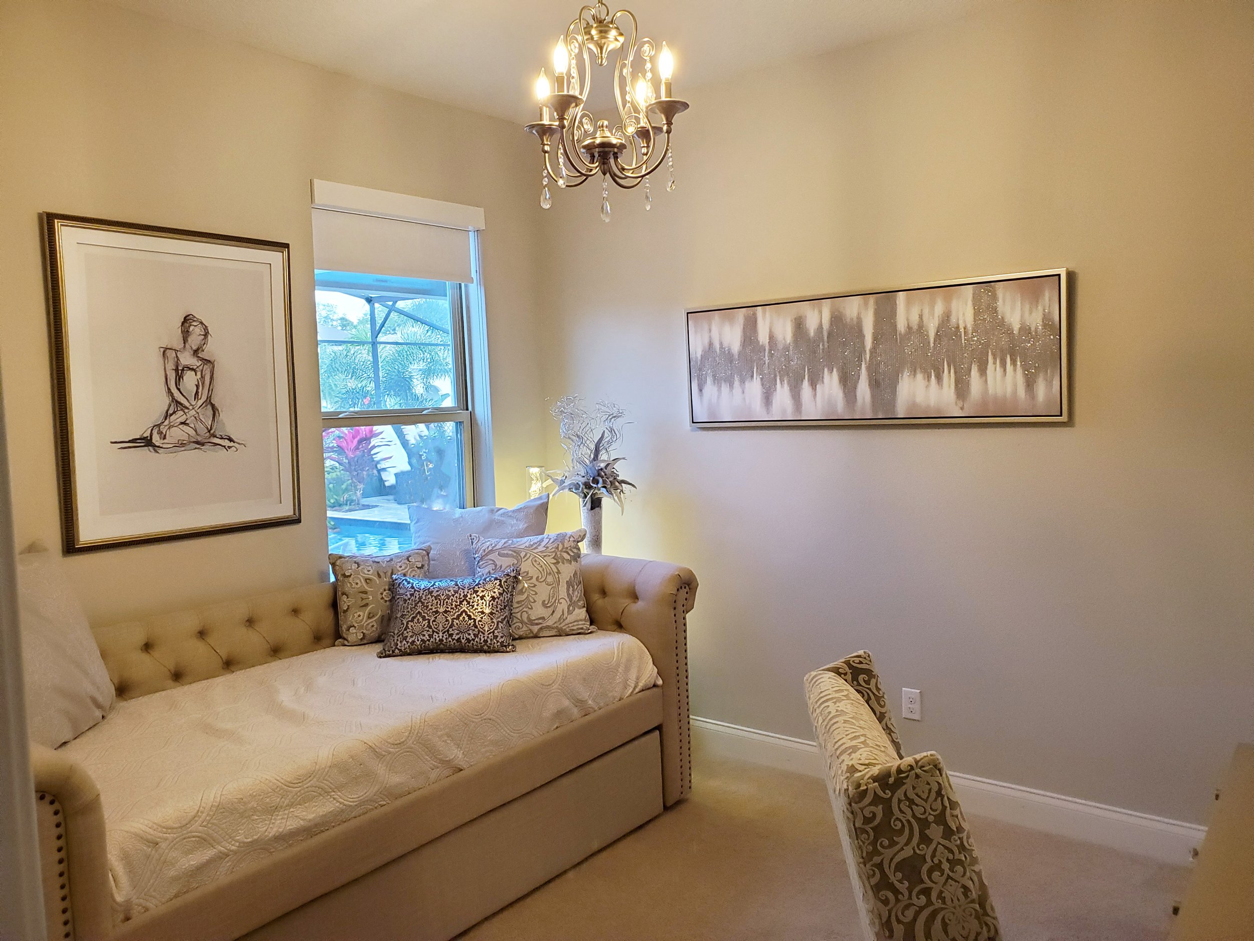 Guest Bedroom with Silver and Gray pillows, embroidery and embossed art work