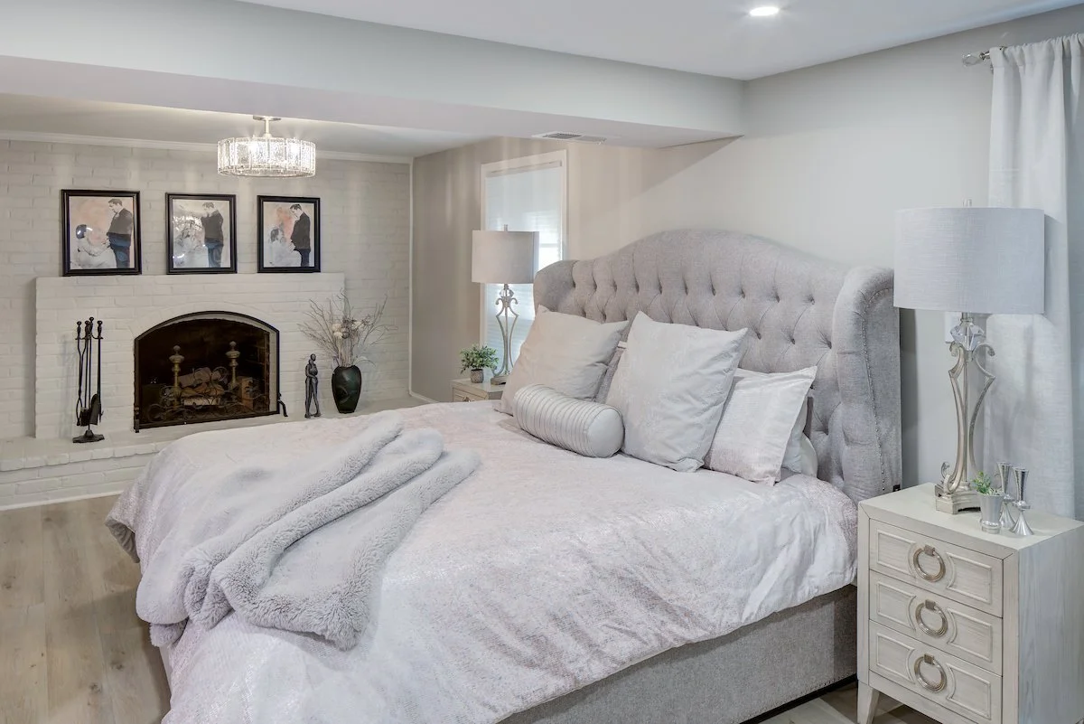 Primary Bathroom in Maryland that was reworked from a living room for aging in place soft colors and a fireplace