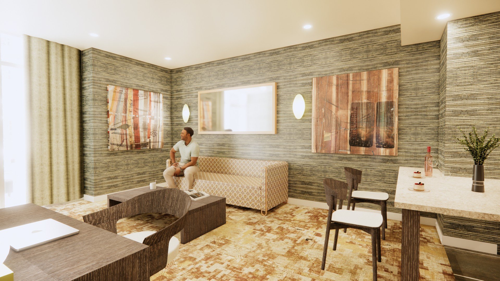 A modern living room with a man sitting on a patterned beige and yellow couch, against a textured gray wall with abstract artwork and an oval wall sconce. There is a dining area with a countertop, wine bottles, and small plates, and a window with curtains on the left.