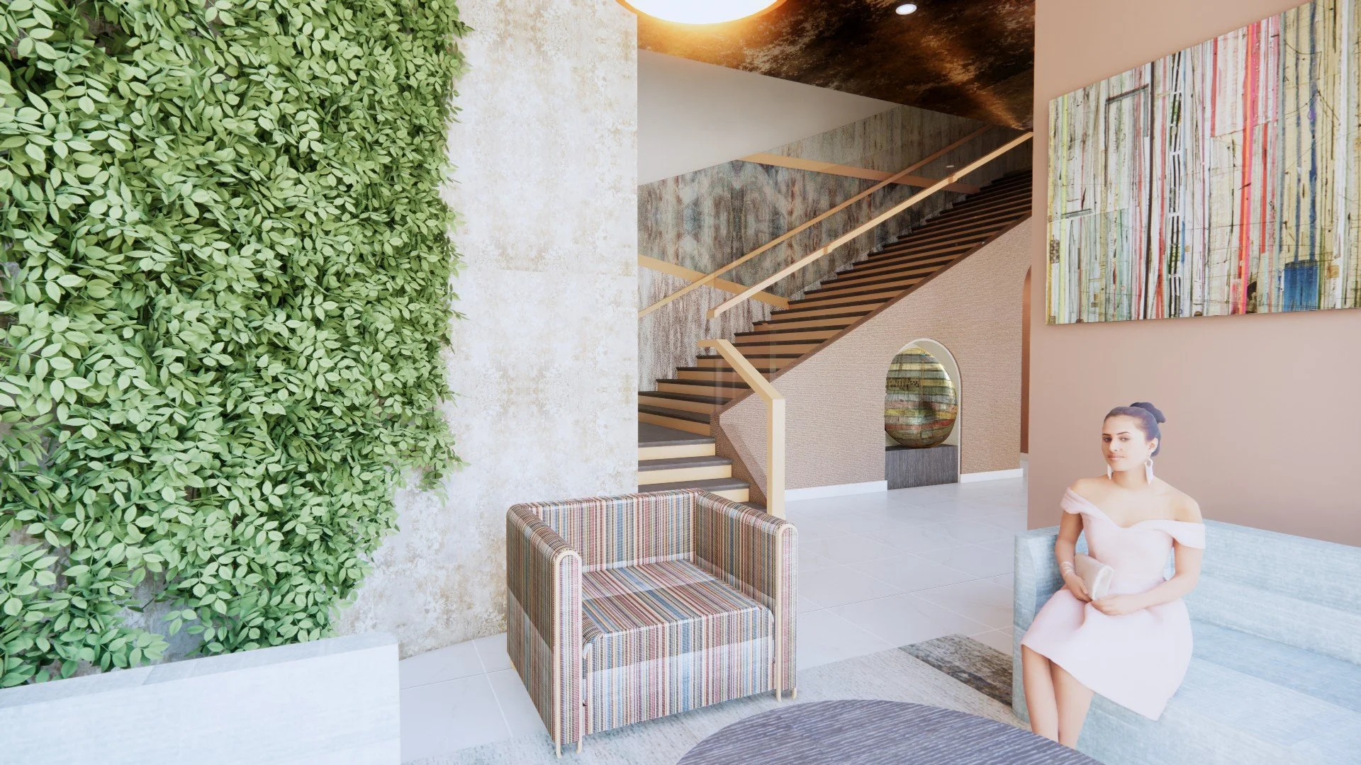 Interior of a modern building lobby with a green wall, staircase, and a woman sitting on a couch wearing a pink dress.