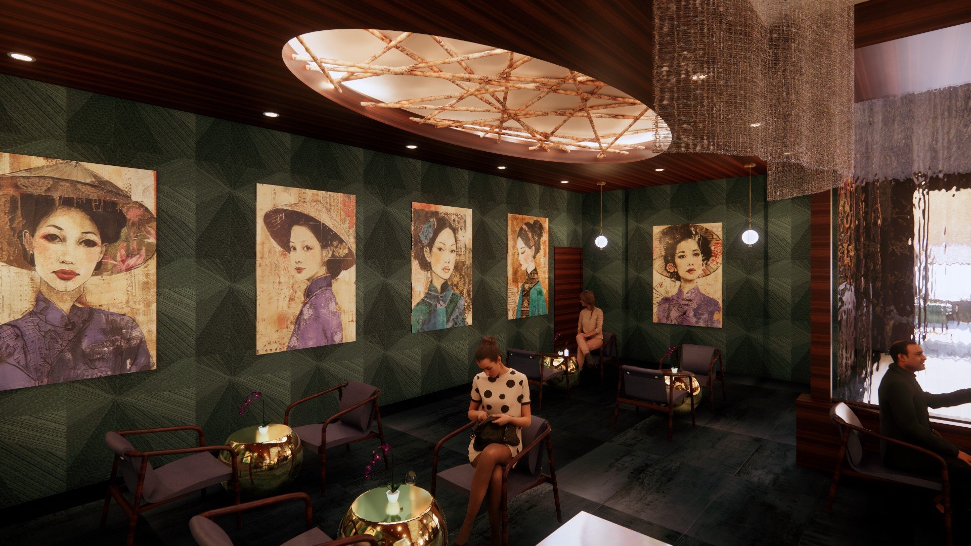 Interior of a waiting area or lounge with dark green textured walls, five large Asian woman portrait paintings hanging on the wall, ceiling with a wooden panel and decorative light fixture, and there are chairs occupied by several people, with a woman in a polka dot dress sitting on one.