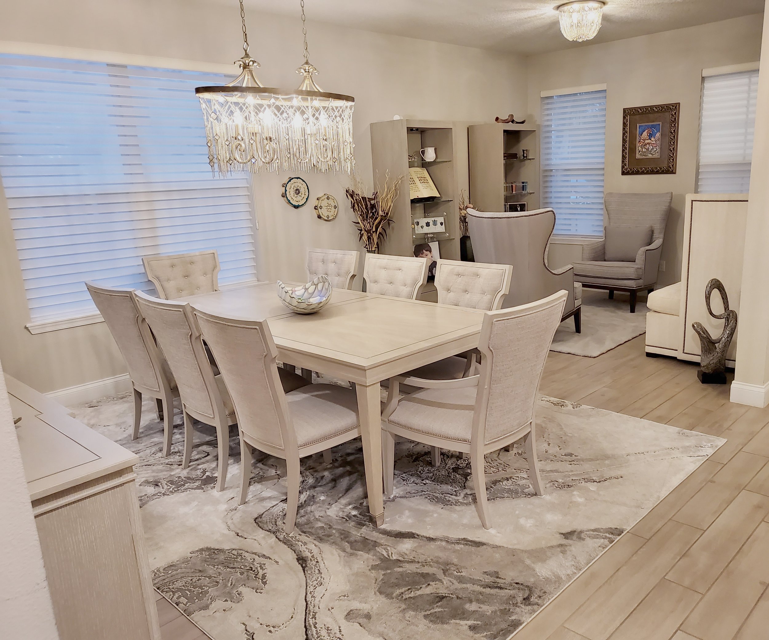 High end furniture dining table and wing back chair and banquette